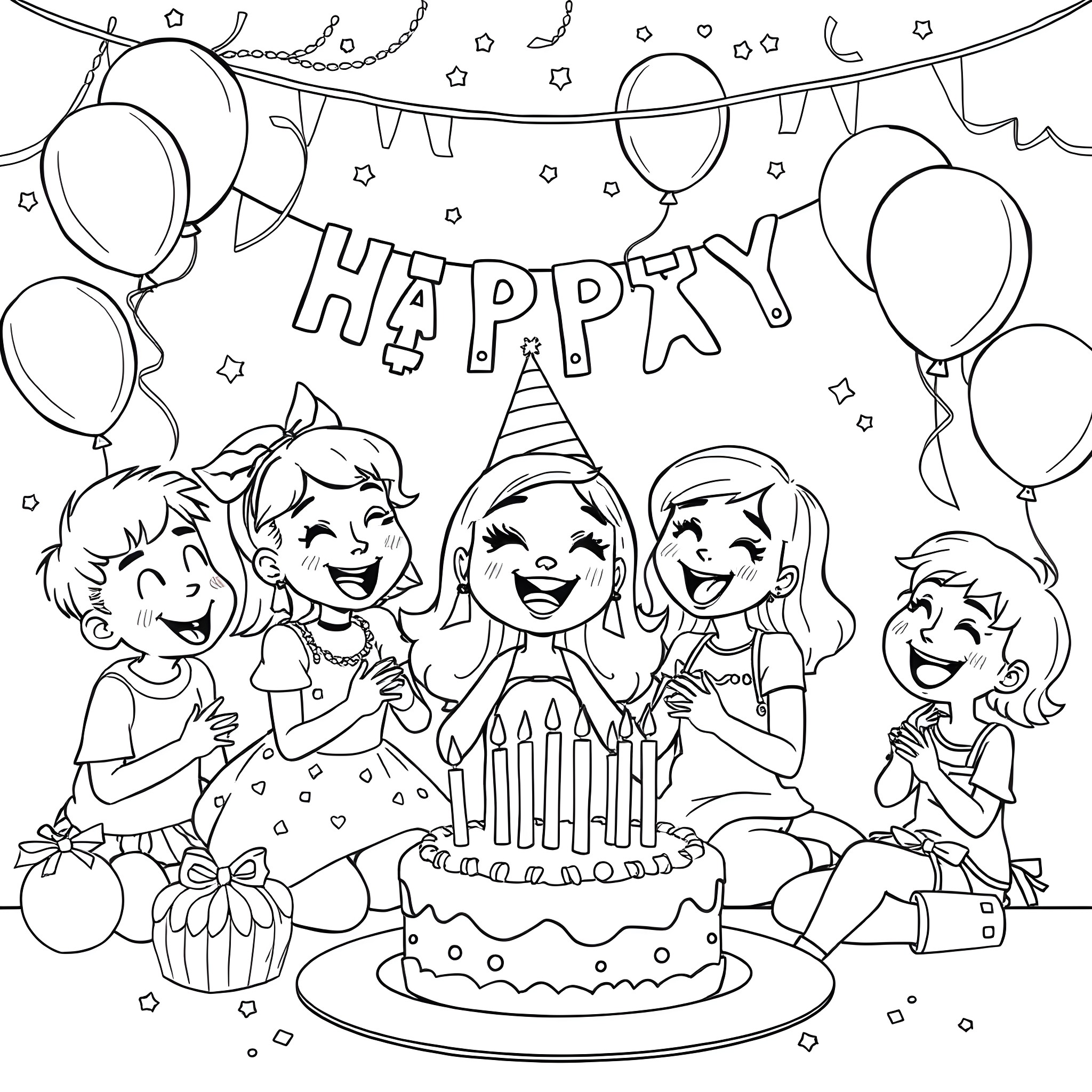 Bluey's Happy Birthday Party Coloring Page (free black-and-white line drawing printable PDF for all, from beginners to advanced learners, including children, teens, adults, and seniors)