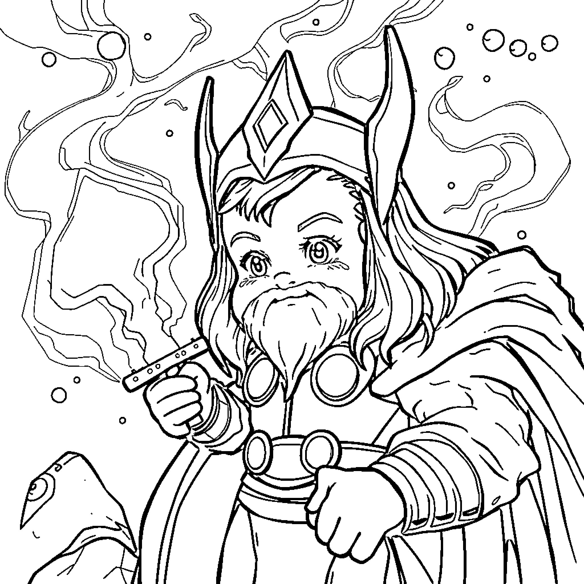 Thor's Mystical Journey with Enchanted Hammer Coloring Page (free black-and-white line drawing printable PDF for all, from beginners to advanced learners, including children, teens, adults, and seniors)