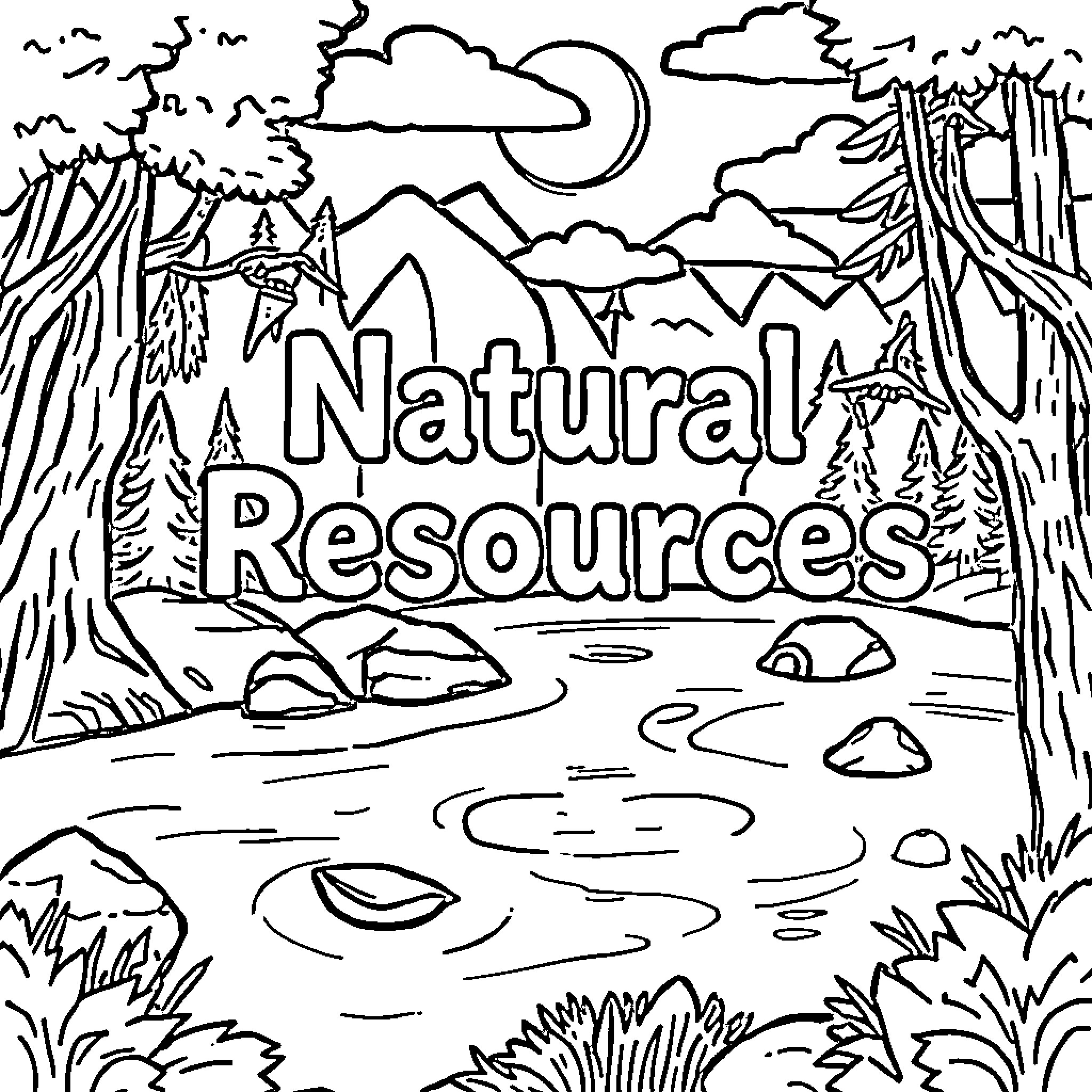 Natural Resource Landscape with Wilderness Scenery Coloring Page (free black-and-white line drawing printable PDF for all, from beginners to advanced learners, including children, teens, adults, and seniors)