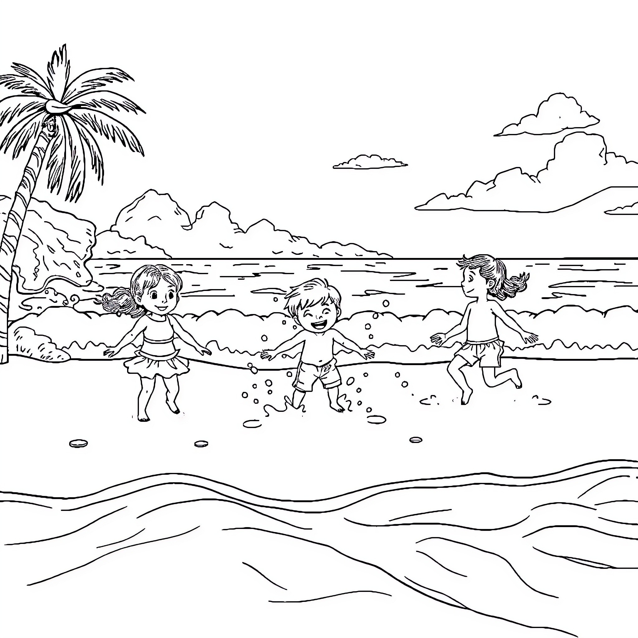 Children playing joyfully on the beach Coloring Page (free black-and-white line drawing printable PDF for all, from beginners to advanced learners, including children, teens, adults, and seniors)