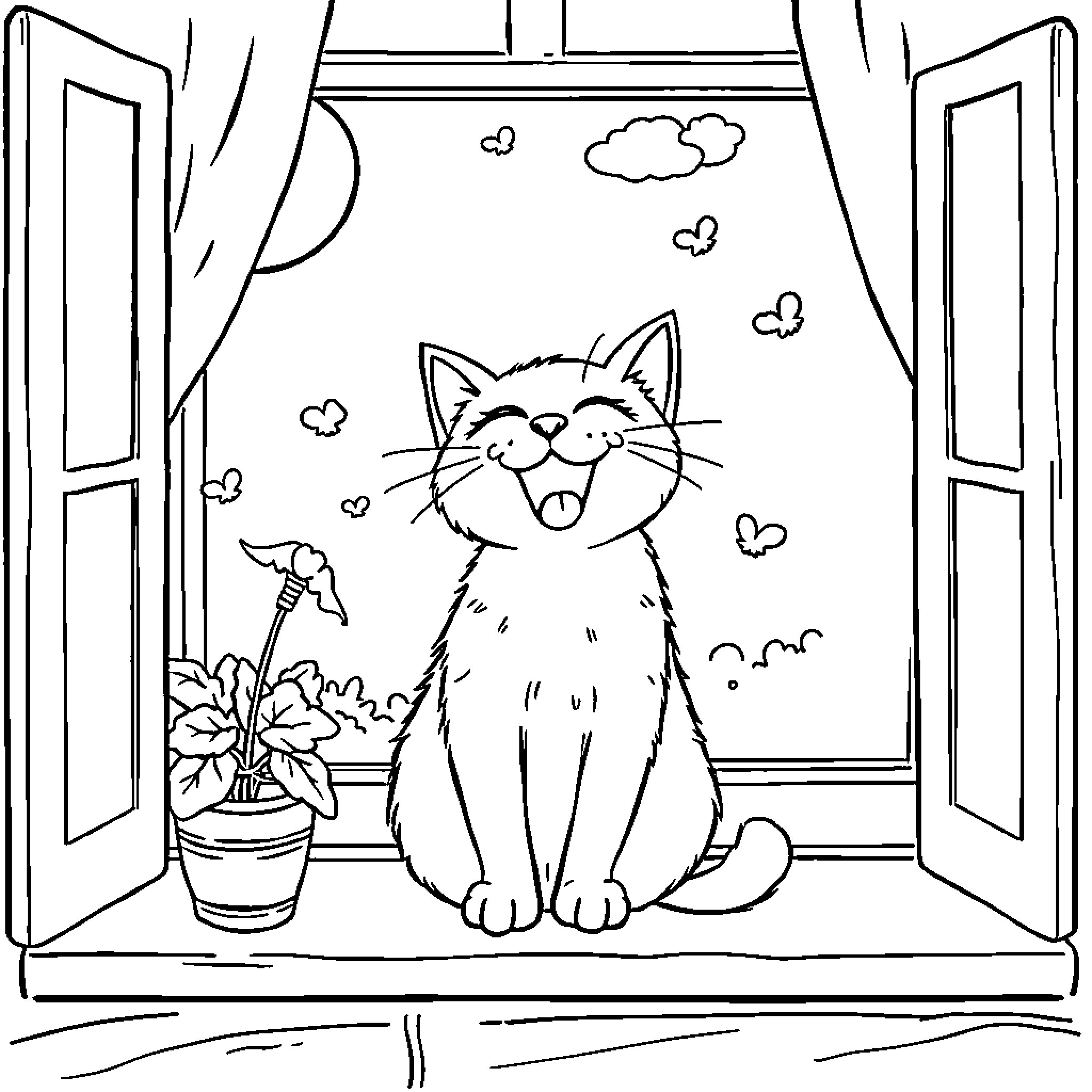 Cat Enjoying Sunny Day by Open Window Coloring Page (free black-and-white line drawing printable PDF for all, from beginners to advanced learners, including children, teens, adults, and seniors)