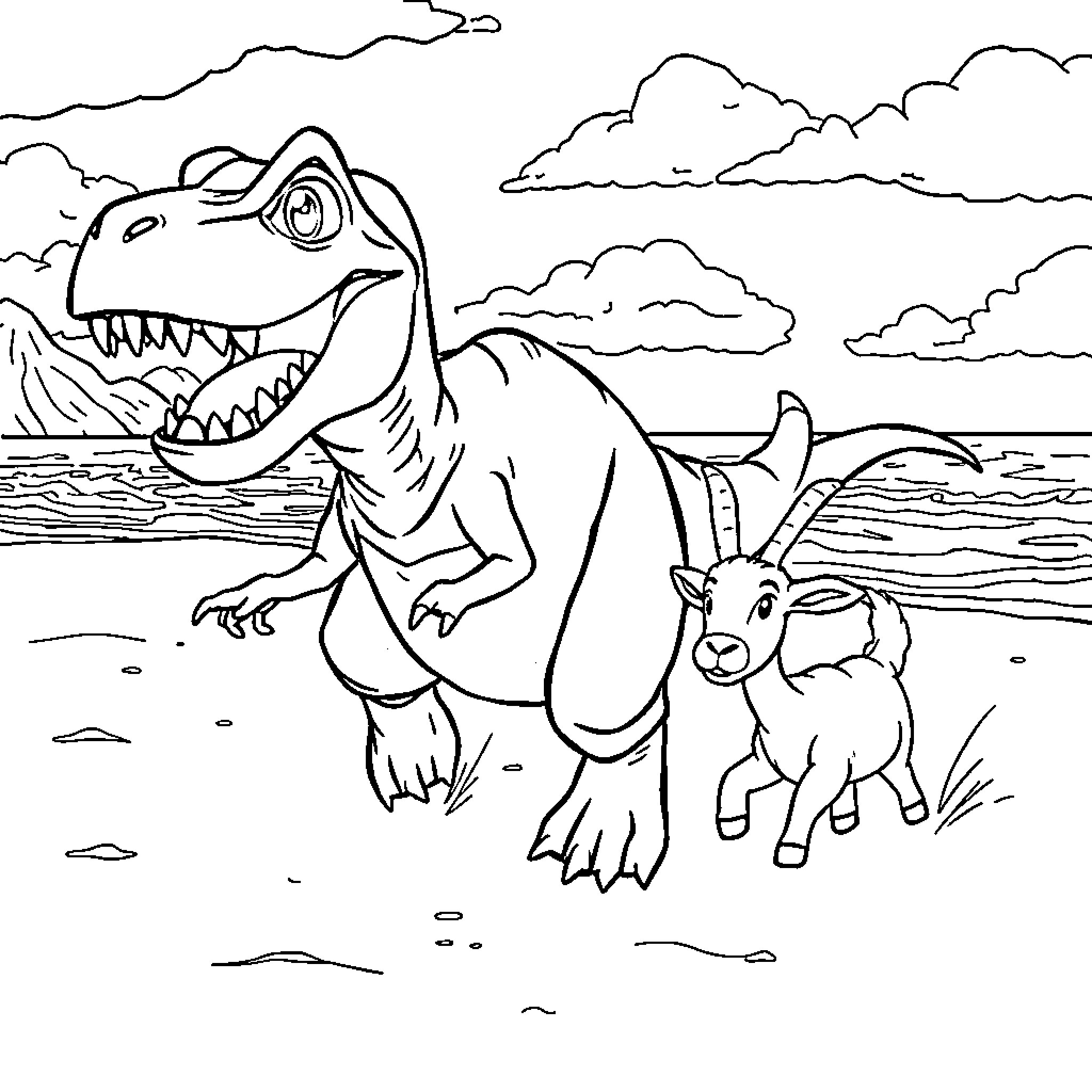 T-Rex chasing a sheep in a scenic landscape Coloring Page (free black-and-white line drawing printable PDF for all, from beginners to advanced learners, including children, teens, adults, and seniors)