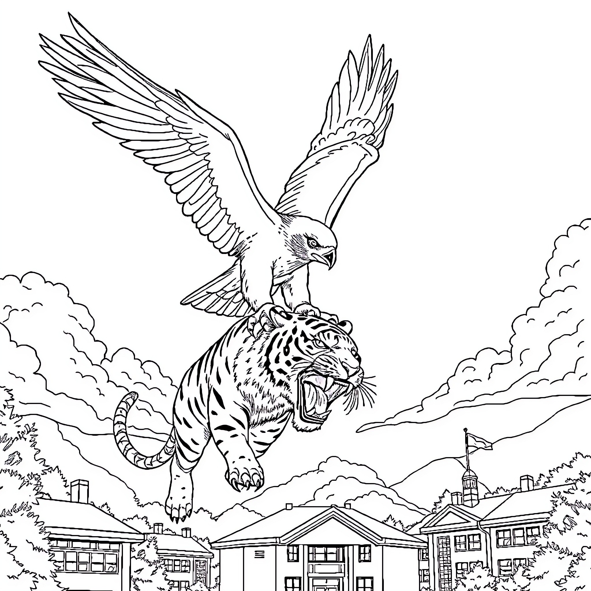 Falcon Soaring Over Cityscape with Tiger Coloring Page (free black-and-white line drawing printable PDF for all, from beginners to advanced learners, including children, teens, adults, and seniors)