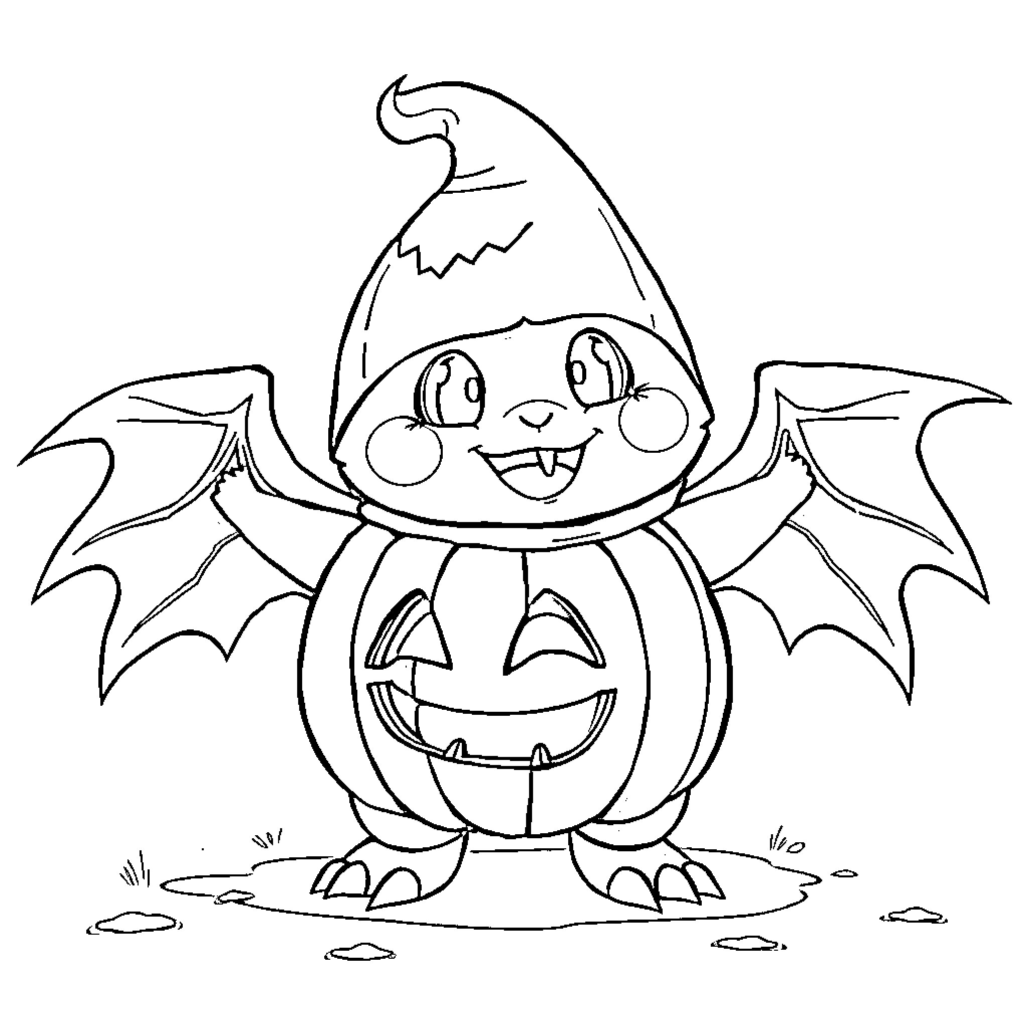 Munchlax dressed up as a Halloween pumpkin Coloring Page (free black-and-white line drawing printable PDF for all, from beginners to advanced learners, including children, teens, adults, and seniors)
