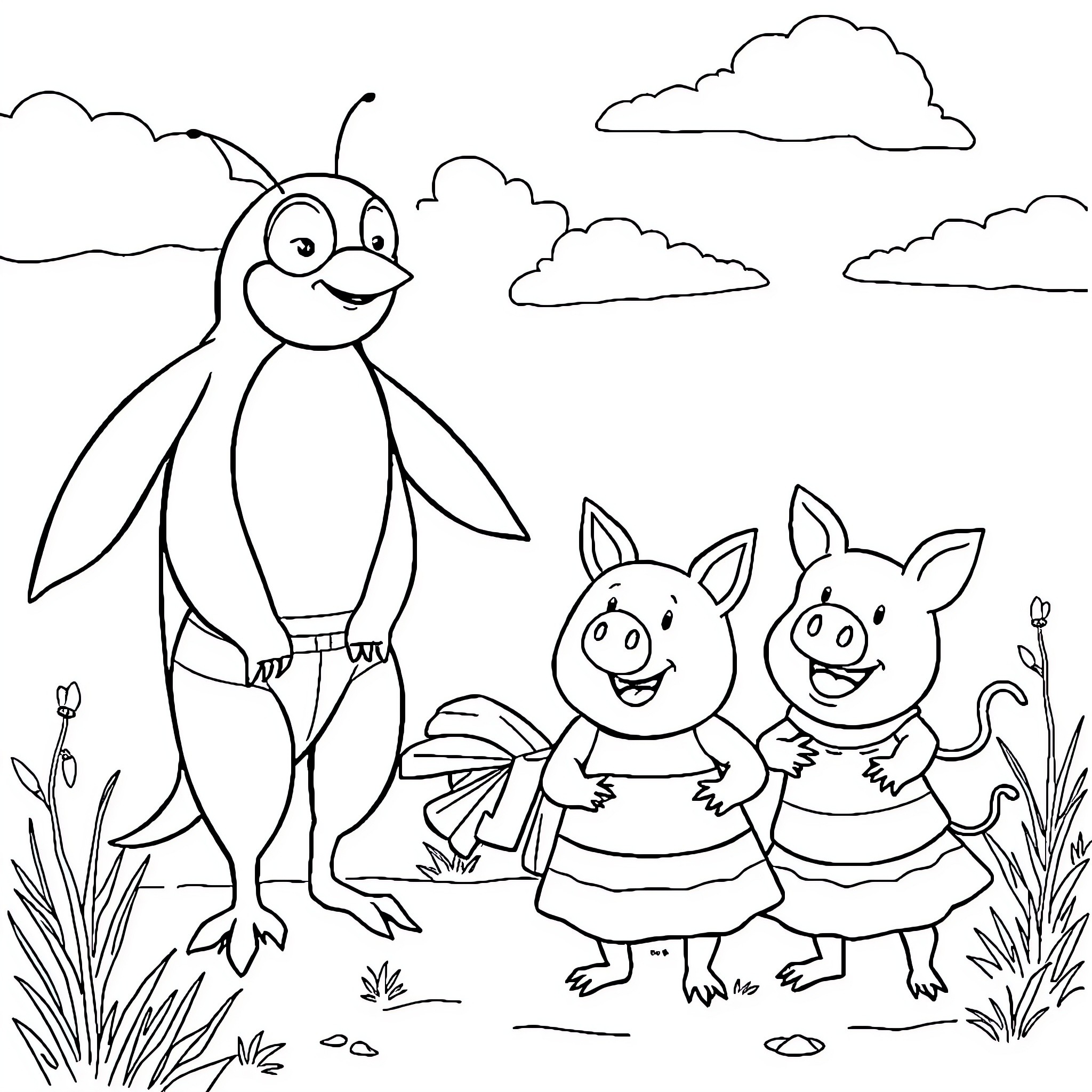 Paw Patrol characters playing in the park Coloring Page (free black-and-white line drawing printable PDF for all, from beginners to advanced learners, including children, teens, adults, and seniors)
