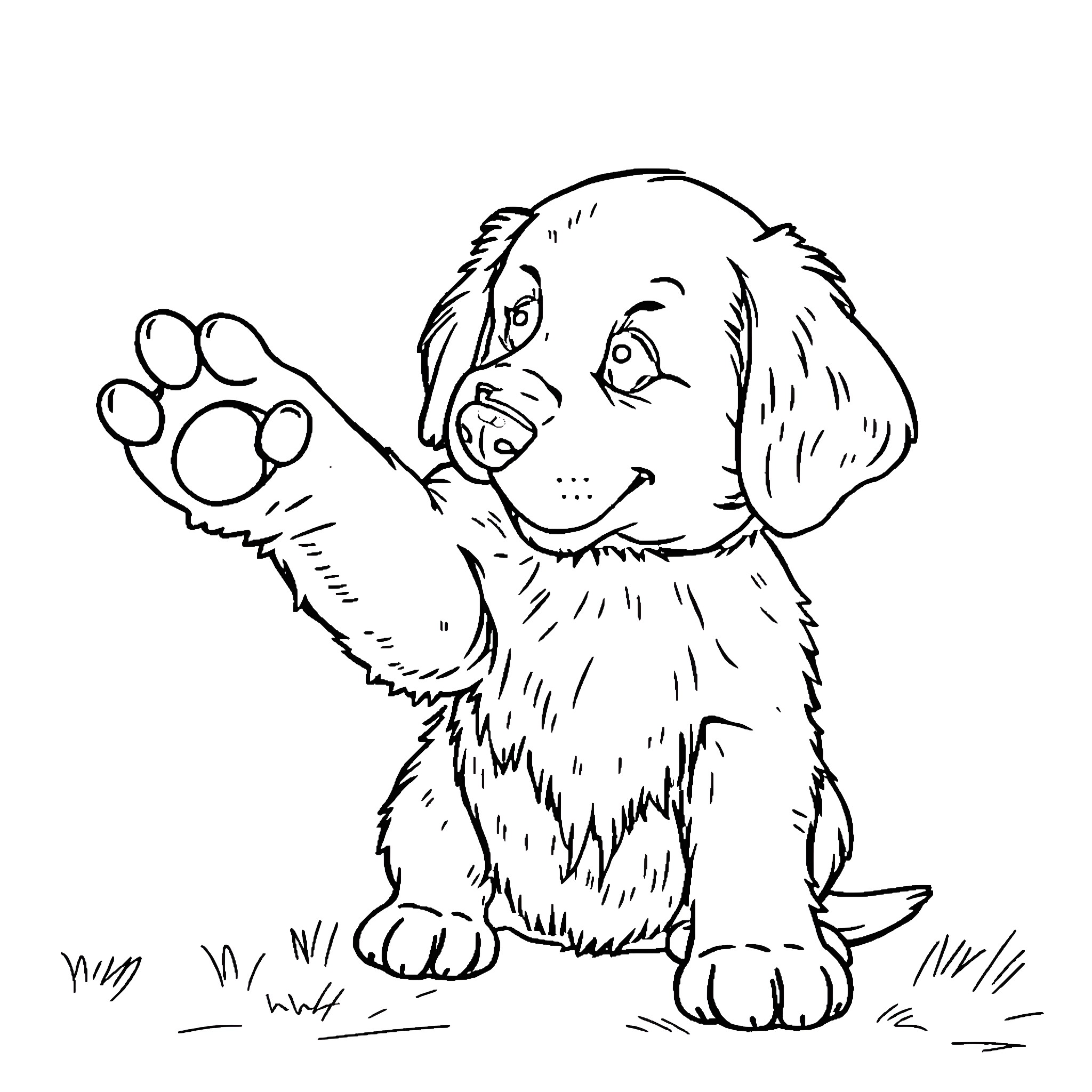 Golden Retriever waving paw in greeting Coloring Page (free black-and-white line drawing printable PDF for all, from beginners to advanced learners, including children, teens, adults, and seniors)