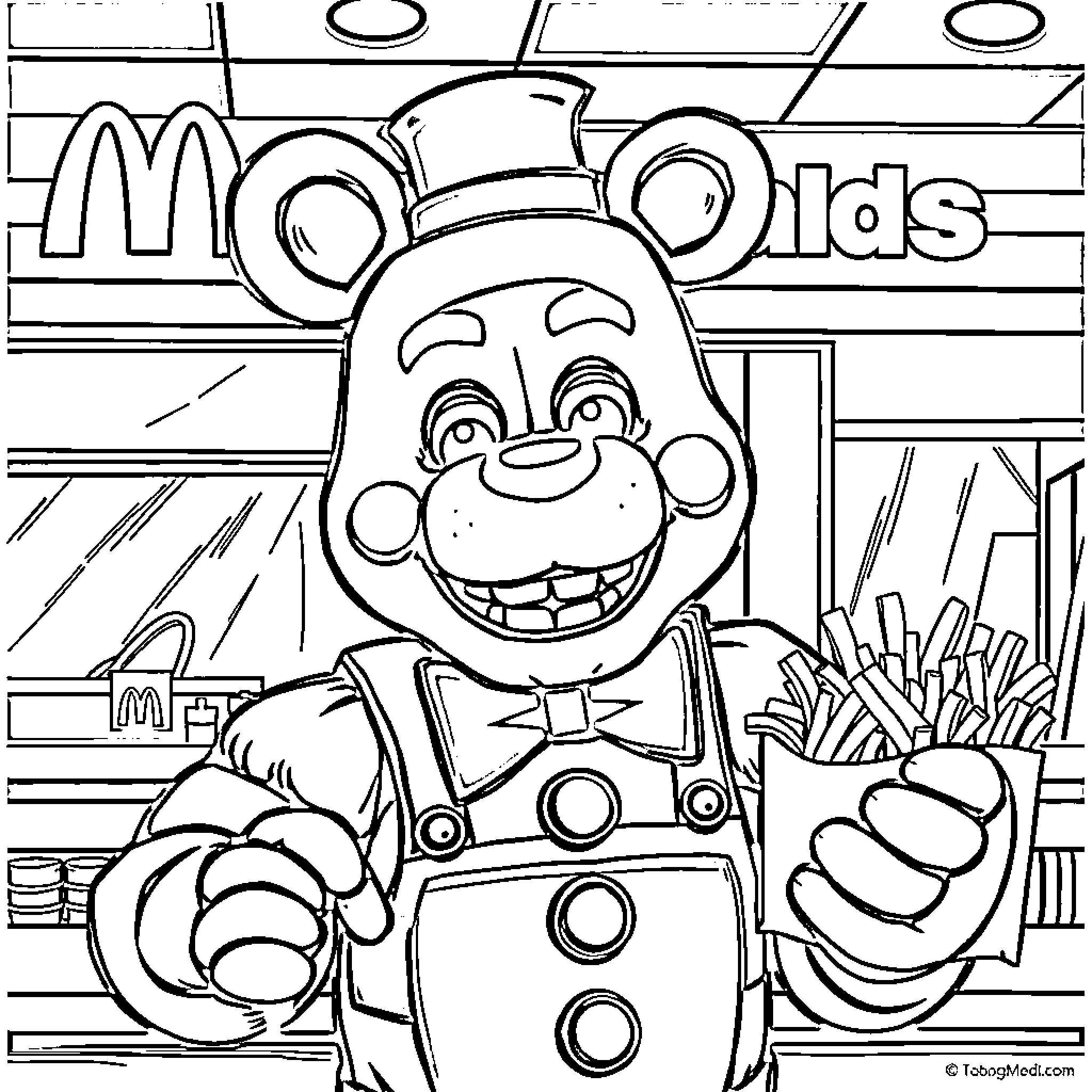 Freddy's Playful Scene at the Fast Food Restaurant Coloring Page (free black-and-white line drawing printable PDF for all, from beginners to advanced learners, including children, teens, adults, and seniors)
