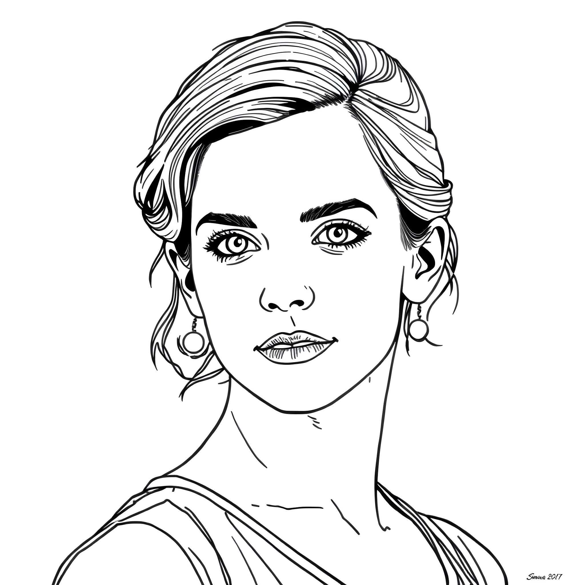 Emma Watson in a pensive expression Coloring Page (free black-and-white line drawing printable PDF for all, from beginners to advanced learners, including children, teens, adults, and seniors)