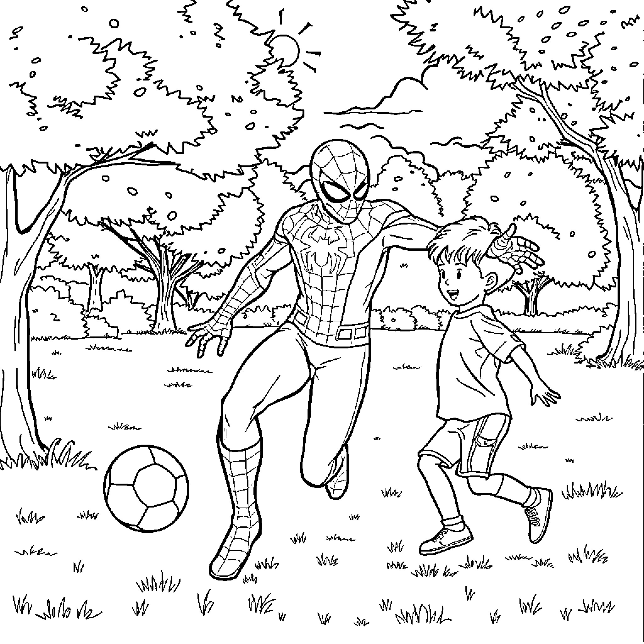 Spiderman playing soccer with a child in the park Coloring Page (free black-and-white line drawing printable PDF for all, from beginners to advanced learners, including children, teens, adults, and seniors)
