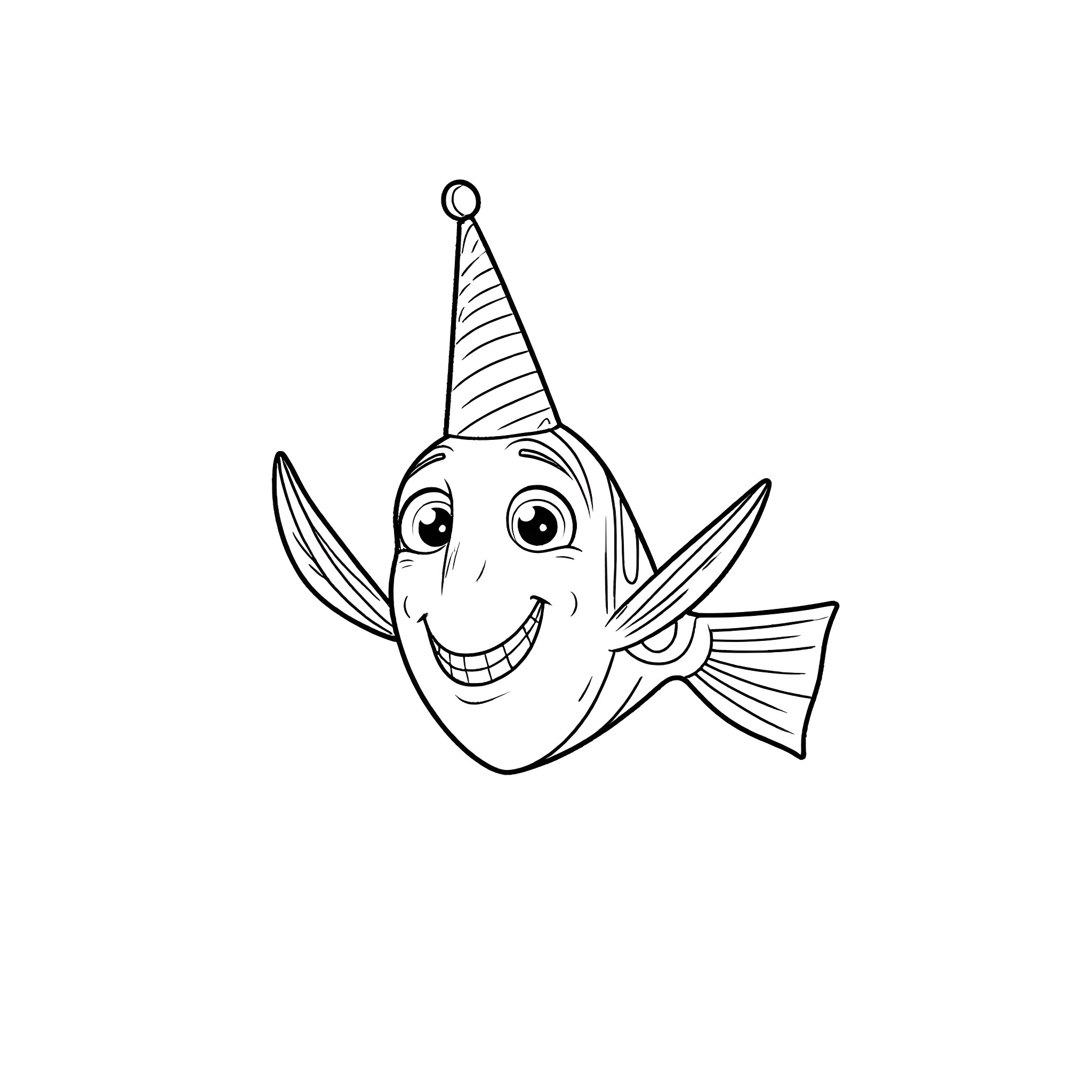 Dory wearing a party hat and smiling Coloring Page (free black-and-white line drawing printable PDF for all, from beginners to advanced learners, including children, teens, adults, and seniors)