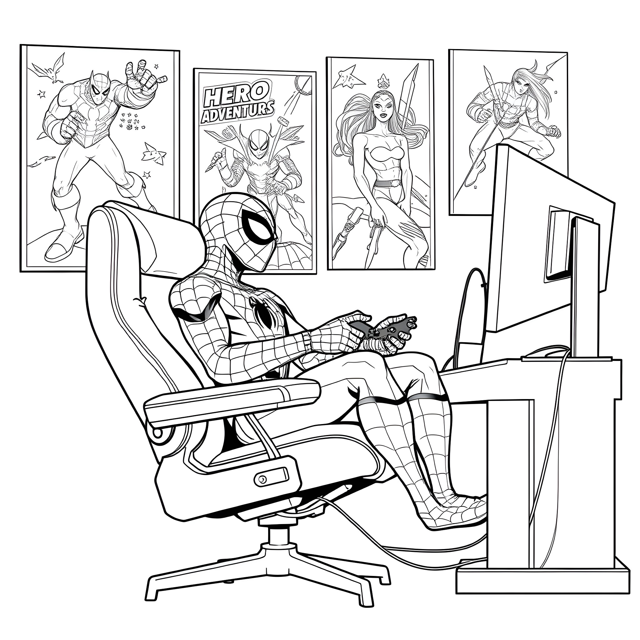 Spiderman enjoying his superhero adventures Coloring Page (free black-and-white line drawing printable PDF for all, from beginners to advanced learners, including children, teens, adults, and seniors)