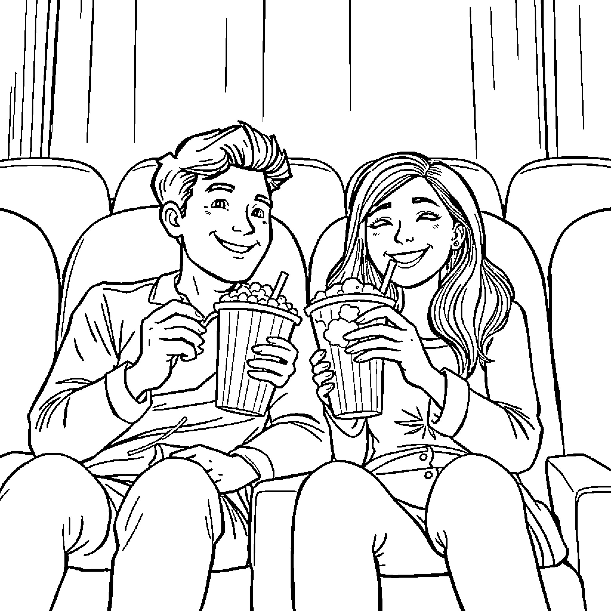 Couple enjoying movie theater snacks Coloring Page (free black-and-white line drawing printable PDF for all, from beginners to advanced learners, including children, teens, adults, and seniors)