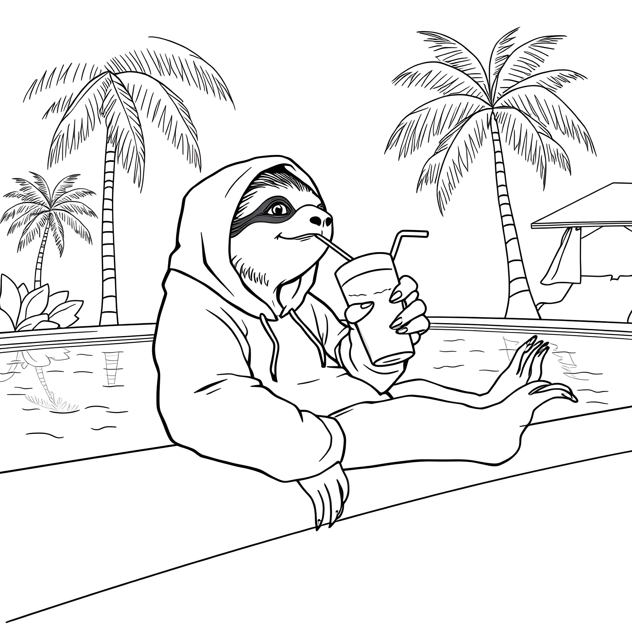 Sloth relaxing with a tropical drink on the beach Coloring Page (free black-and-white line drawing printable PDF for all, from beginners to advanced learners, including children, teens, adults, and seniors)