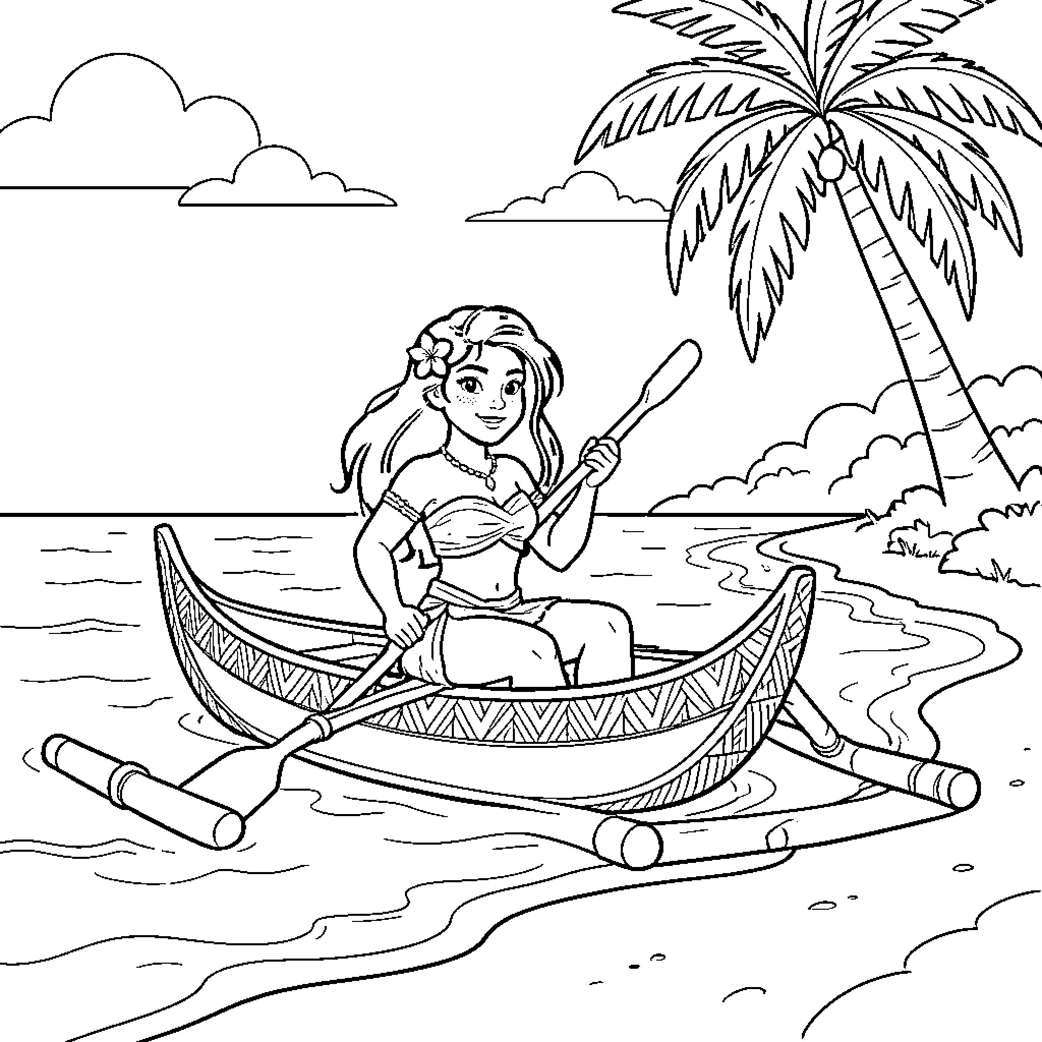 Vaiana paddling a canoe near a tropical island Coloring Page (free black-and-white line drawing printable PDF for all, from beginners to advanced learners, including children, teens, adults, and seniors)