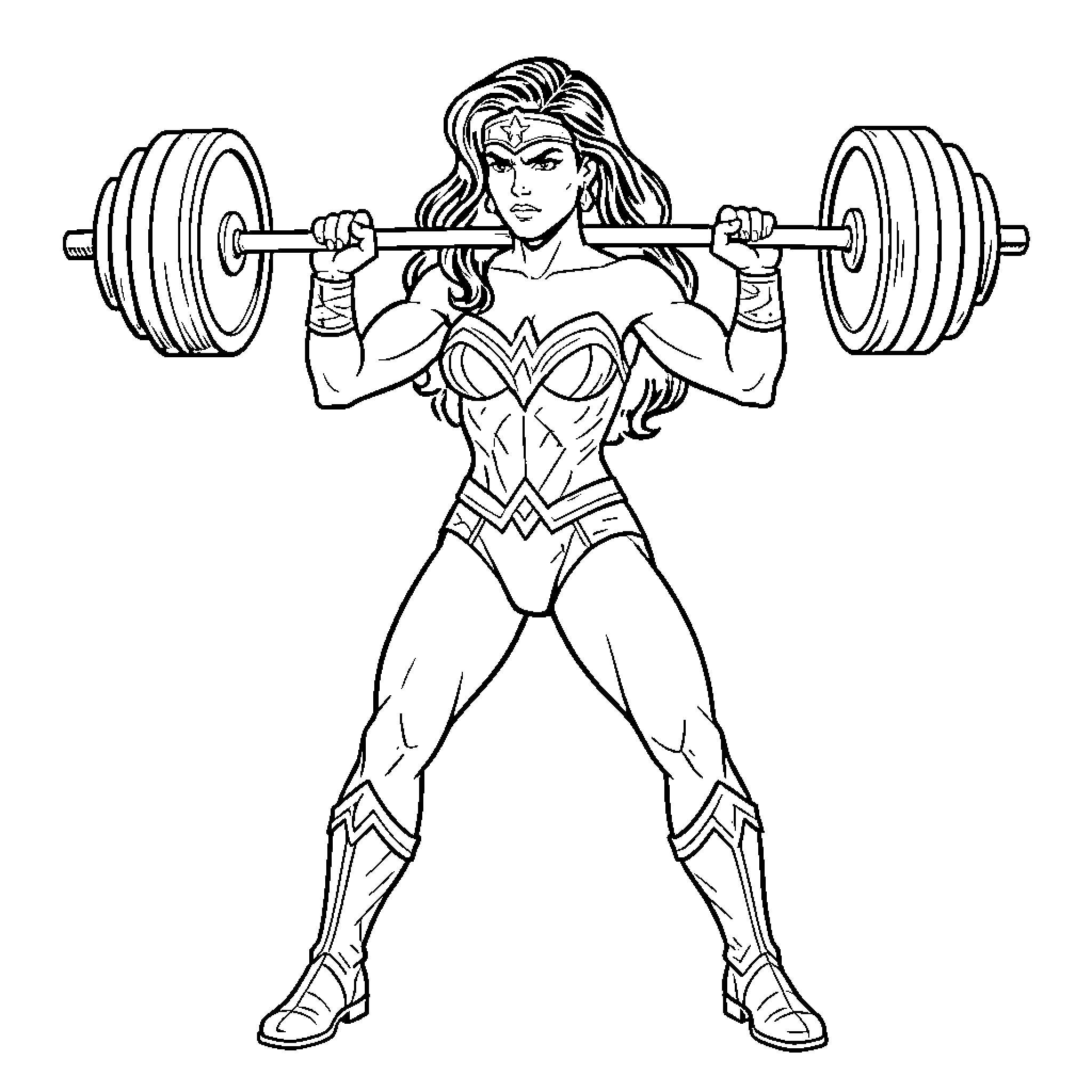Wonder Woman lifting a heavy barbell with determination Coloring Page (free black-and-white line drawing printable PDF for all, from beginners to advanced learners, including children, teens, adults, and seniors)