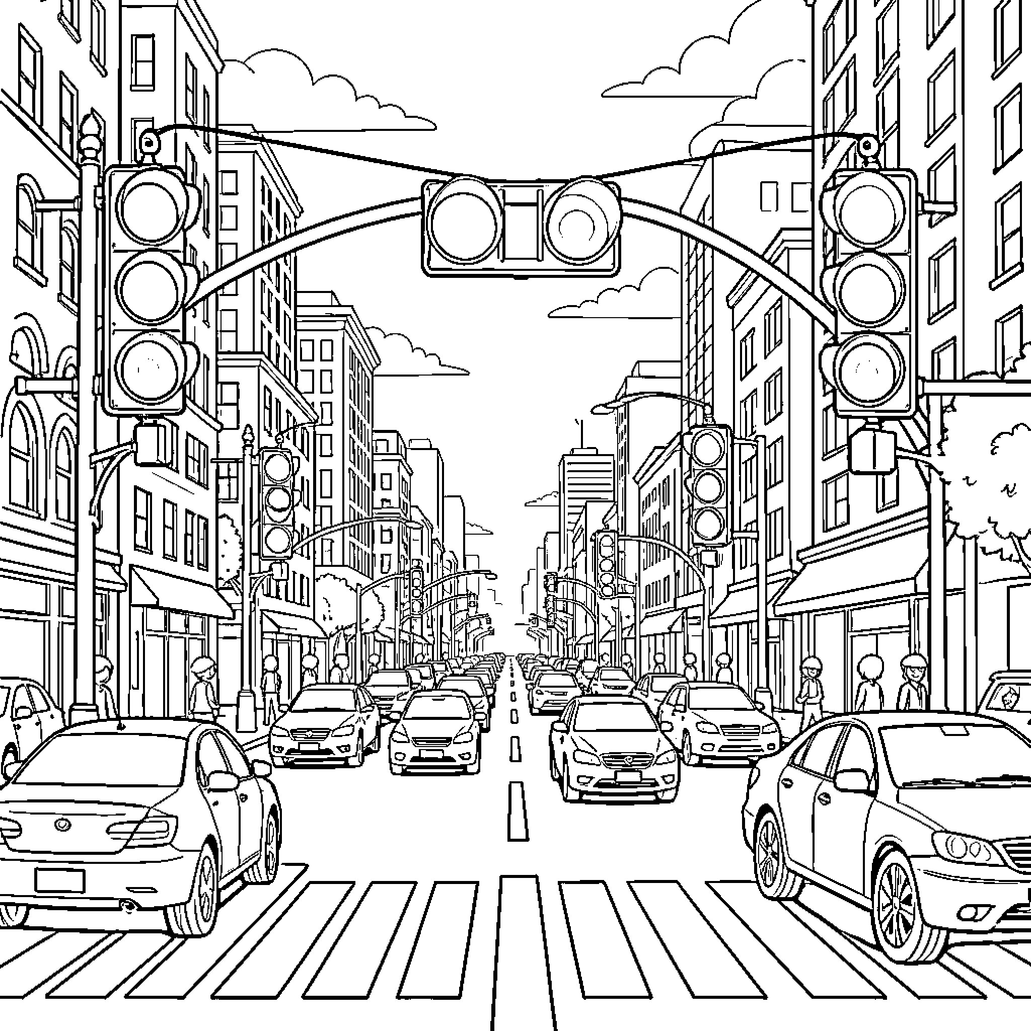 Traffic Light Intersection with Busy City Vehicles Coloring Page (free black-and-white line drawing printable PDF for all, from beginners to advanced learners, including children, teens, adults, and seniors)