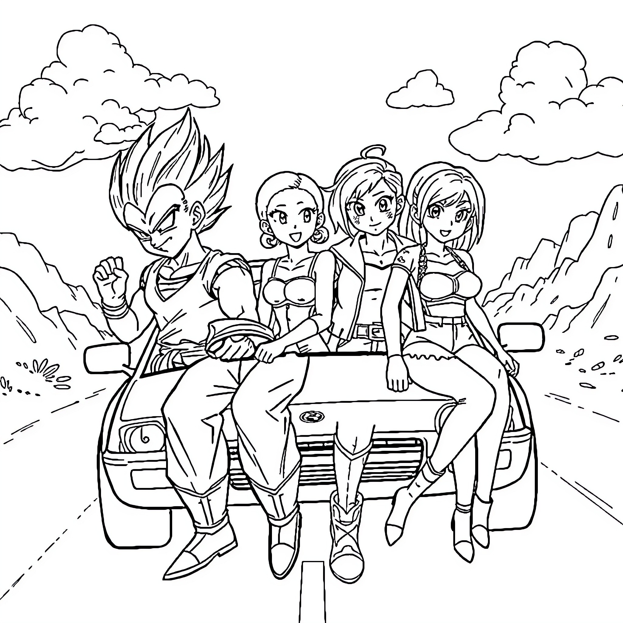 Dragon Ball Z: Characters Posing on Road Trip Coloring Page (free black-and-white line drawing printable PDF for all, from beginners to advanced learners, including children, teens, adults, and seniors)