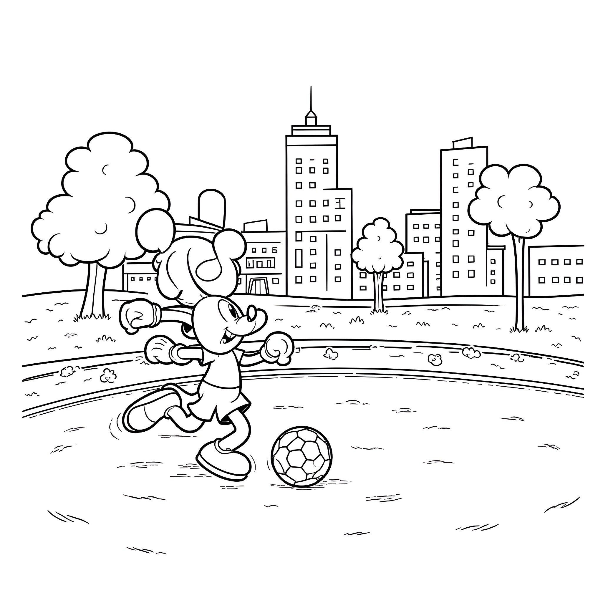 Mickey playing soccer in the city park Coloring Page (free black-and-white line drawing printable PDF for all, from beginners to advanced learners, including children, teens, adults, and seniors)