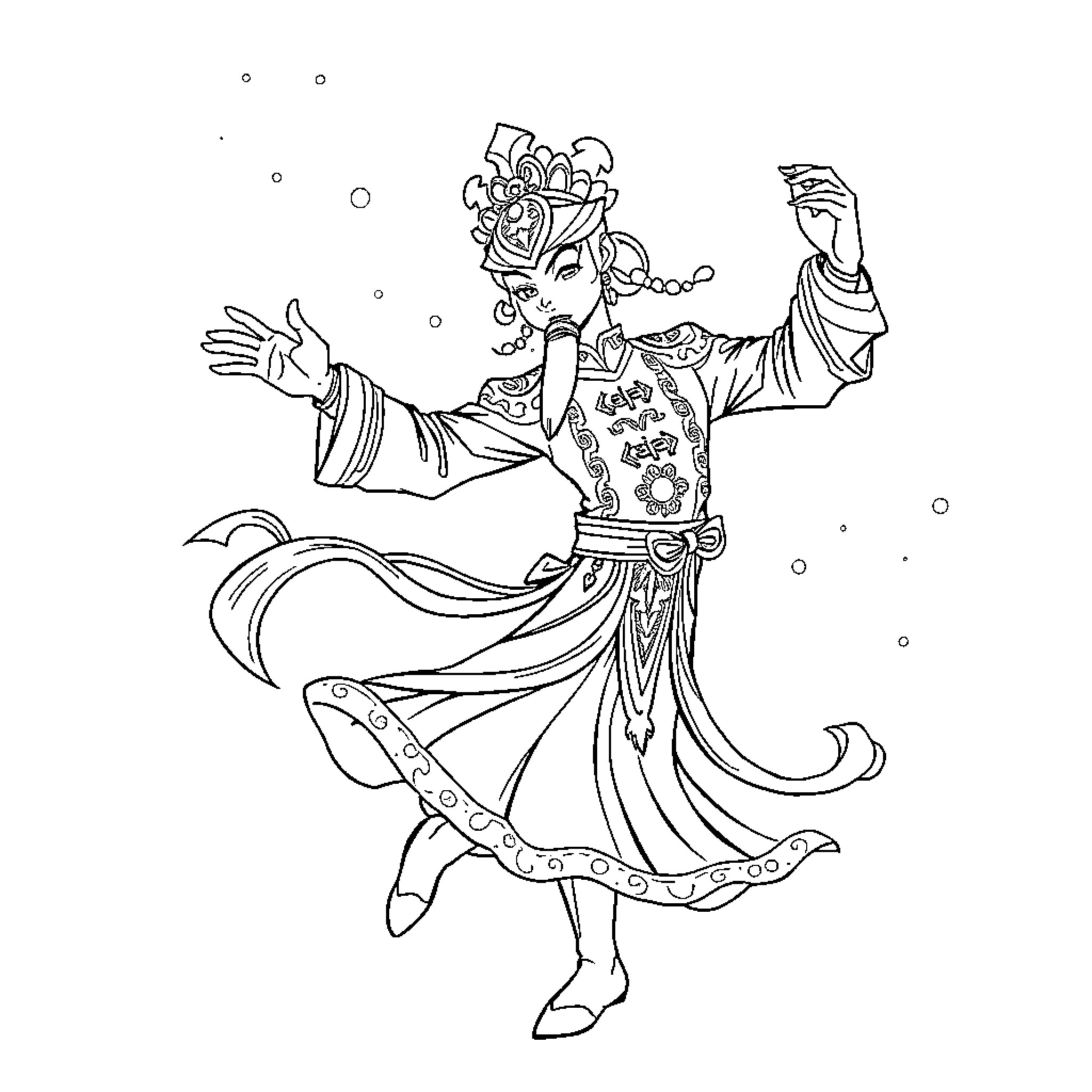 Dan Heng in Ornate Costume Performing Traditional Dance Coloring Page (free black-and-white line drawing printable PDF for all, from beginners to advanced learners, including children, teens, adults, and seniors)