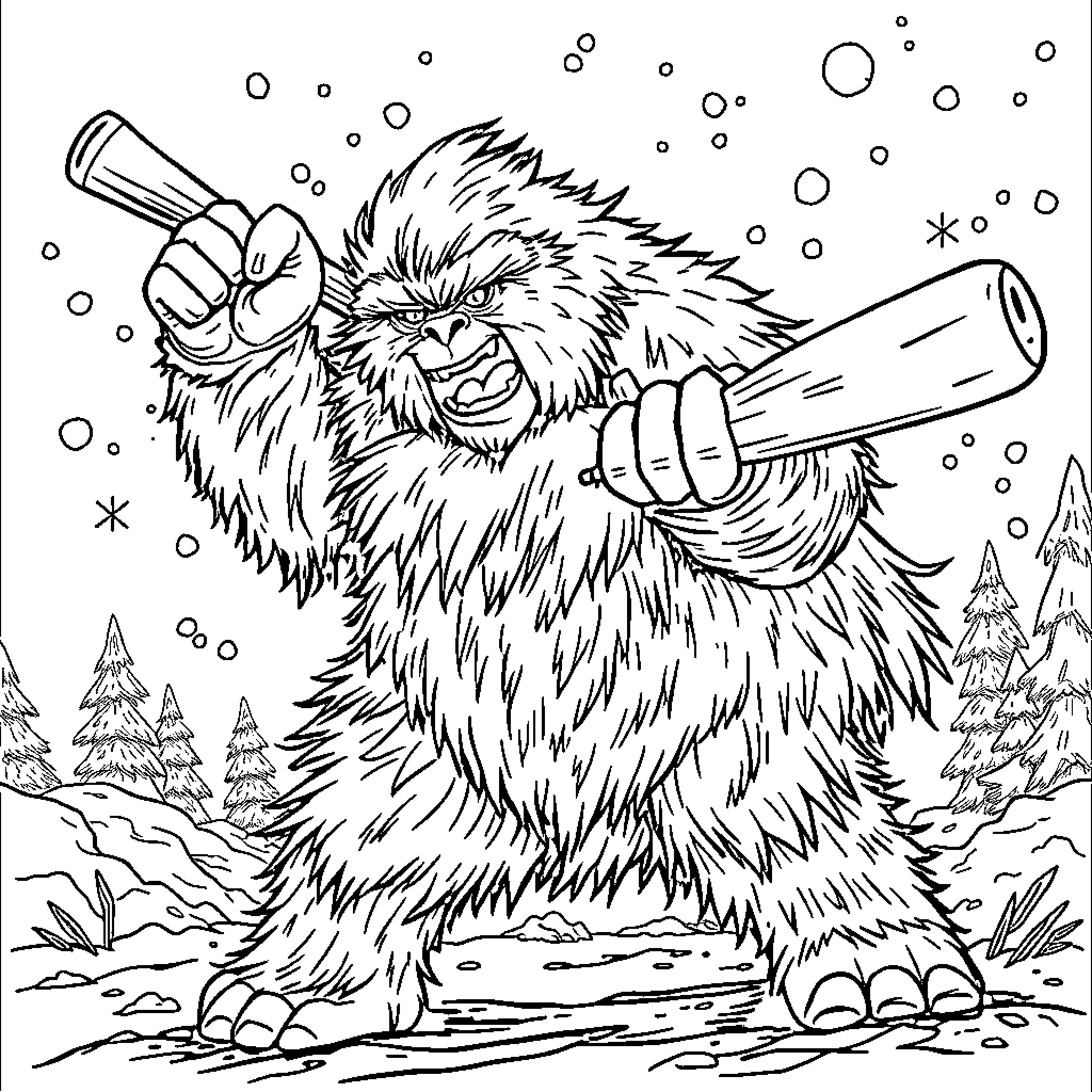 Yeti battling against snowstorm with snow-covered surroundings Coloring Page (free black-and-white line drawing printable PDF for all, from beginners to advanced learners, including children, teens, adults, and seniors)