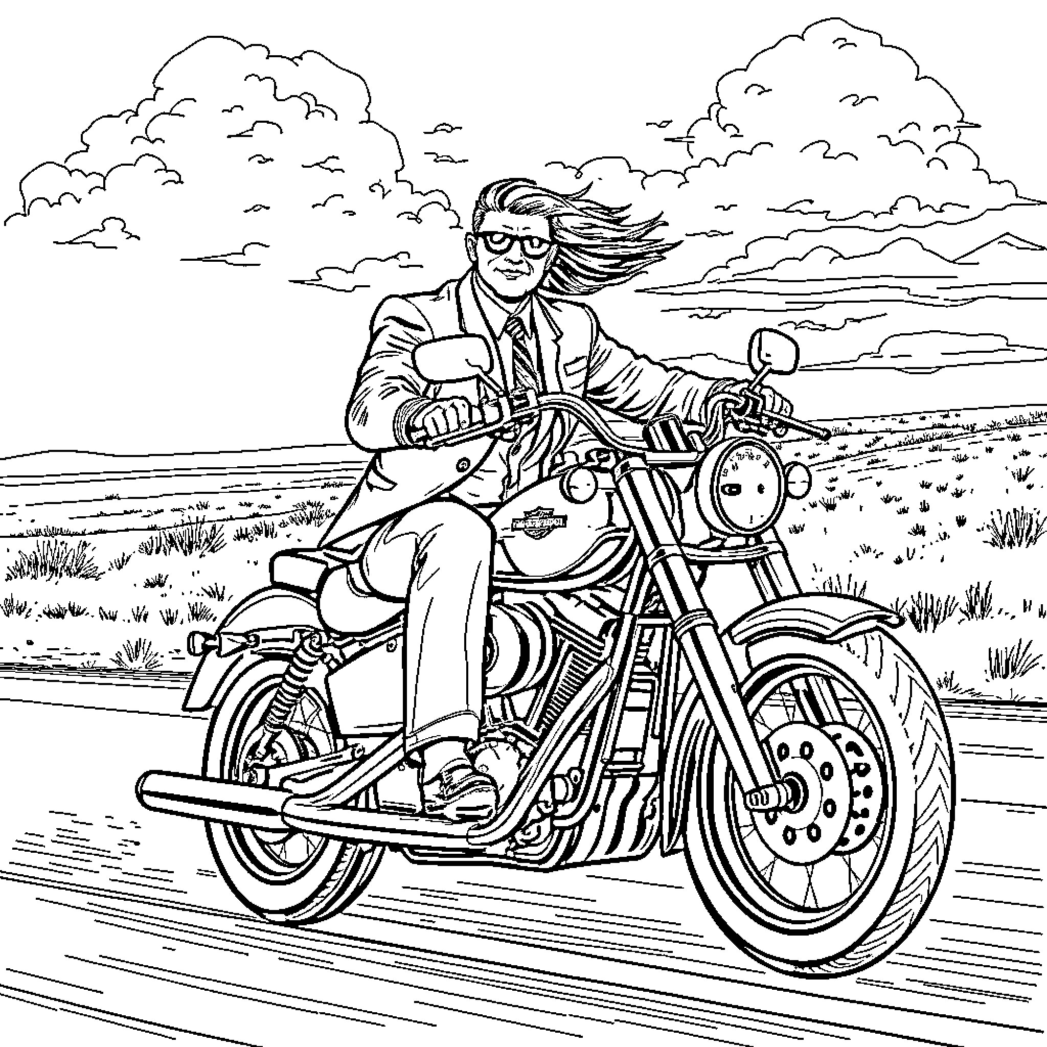 Harley riding motorcycle on open road Coloring Page (free black-and-white line drawing printable PDF for all, from beginners to advanced learners, including children, teens, adults, and seniors)