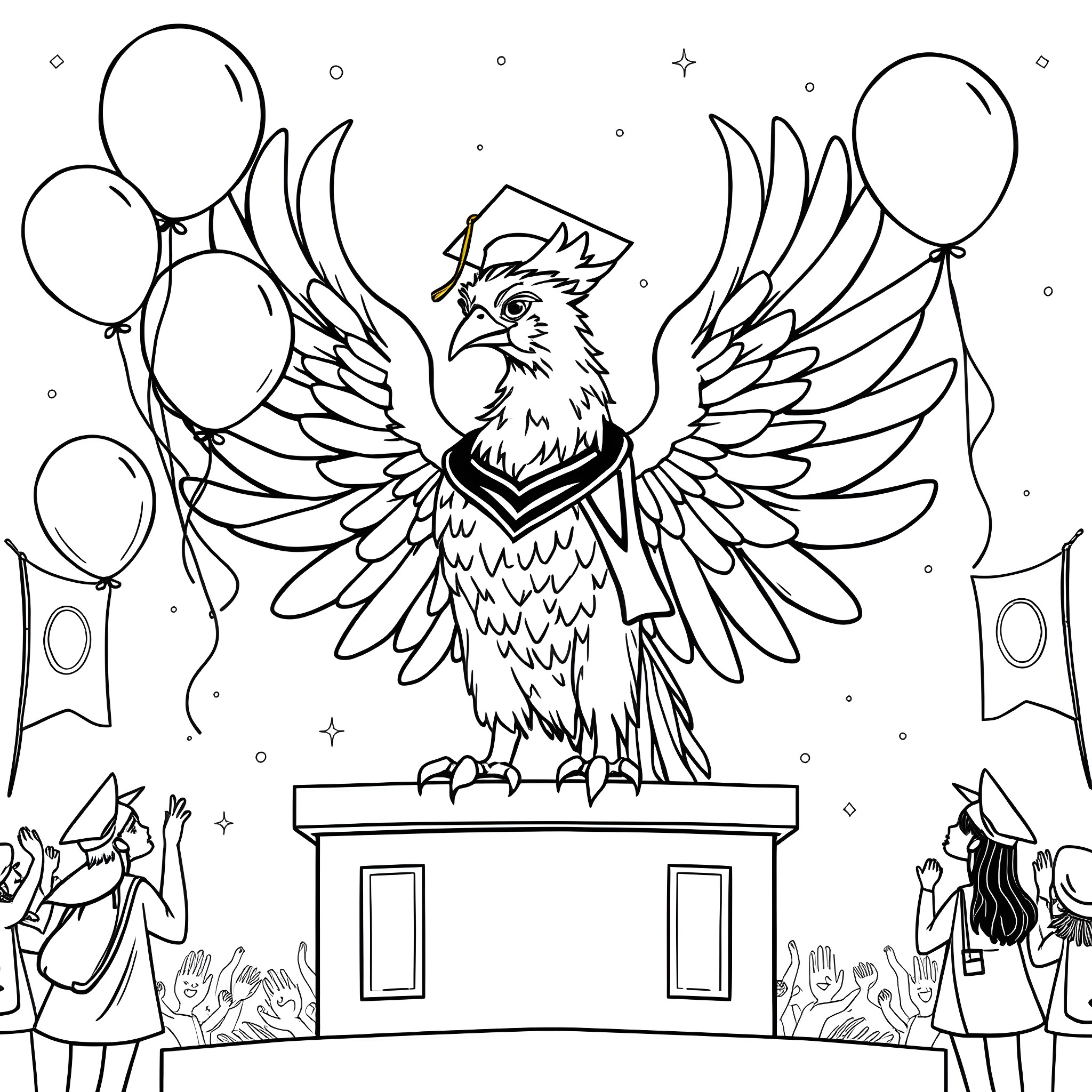 Phoenix soaring with celebratory balloons at graduation ceremony Coloring Page (free black-and-white line drawing printable PDF for all, from beginners to advanced learners, including children, teens, adults, and seniors)