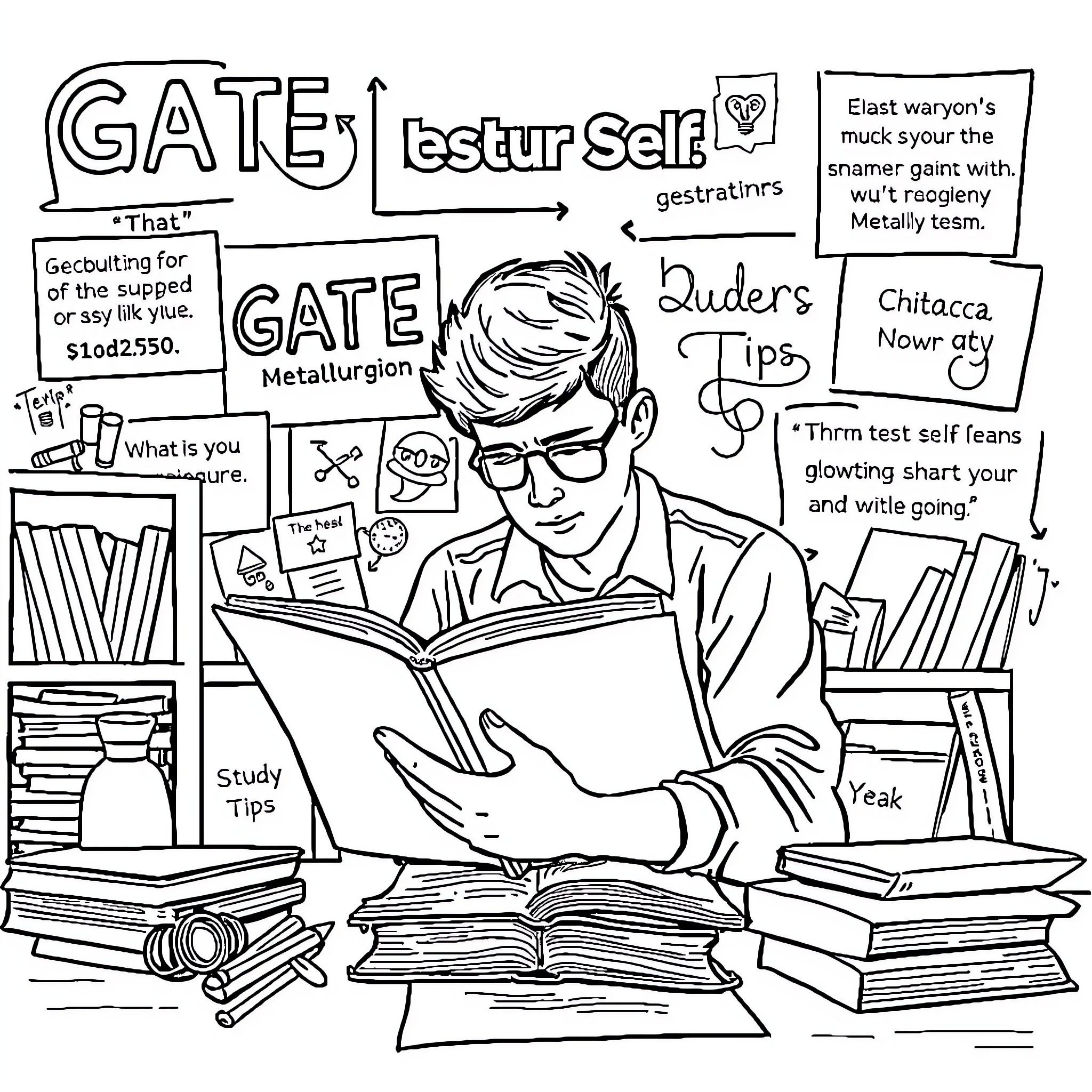 Student studying diligently with study tips and strategies Coloring Page (free black-and-white line drawing printable PDF for all, from beginners to advanced learners, including children, teens, adults, and seniors)