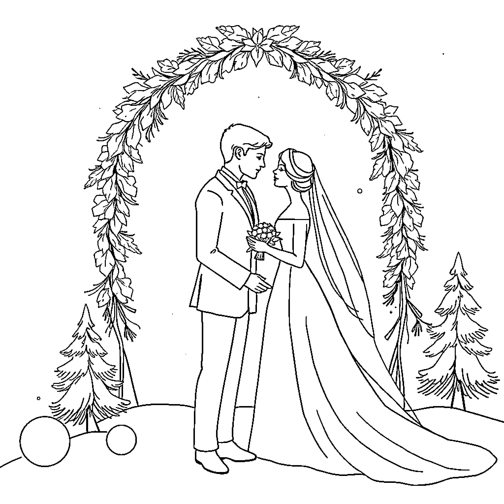 Winter Wedding Ceremony in Snowy Landscape Coloring Page (free black-and-white line drawing printable PDF for all, from beginners to advanced learners, including children, teens, adults, and seniors)