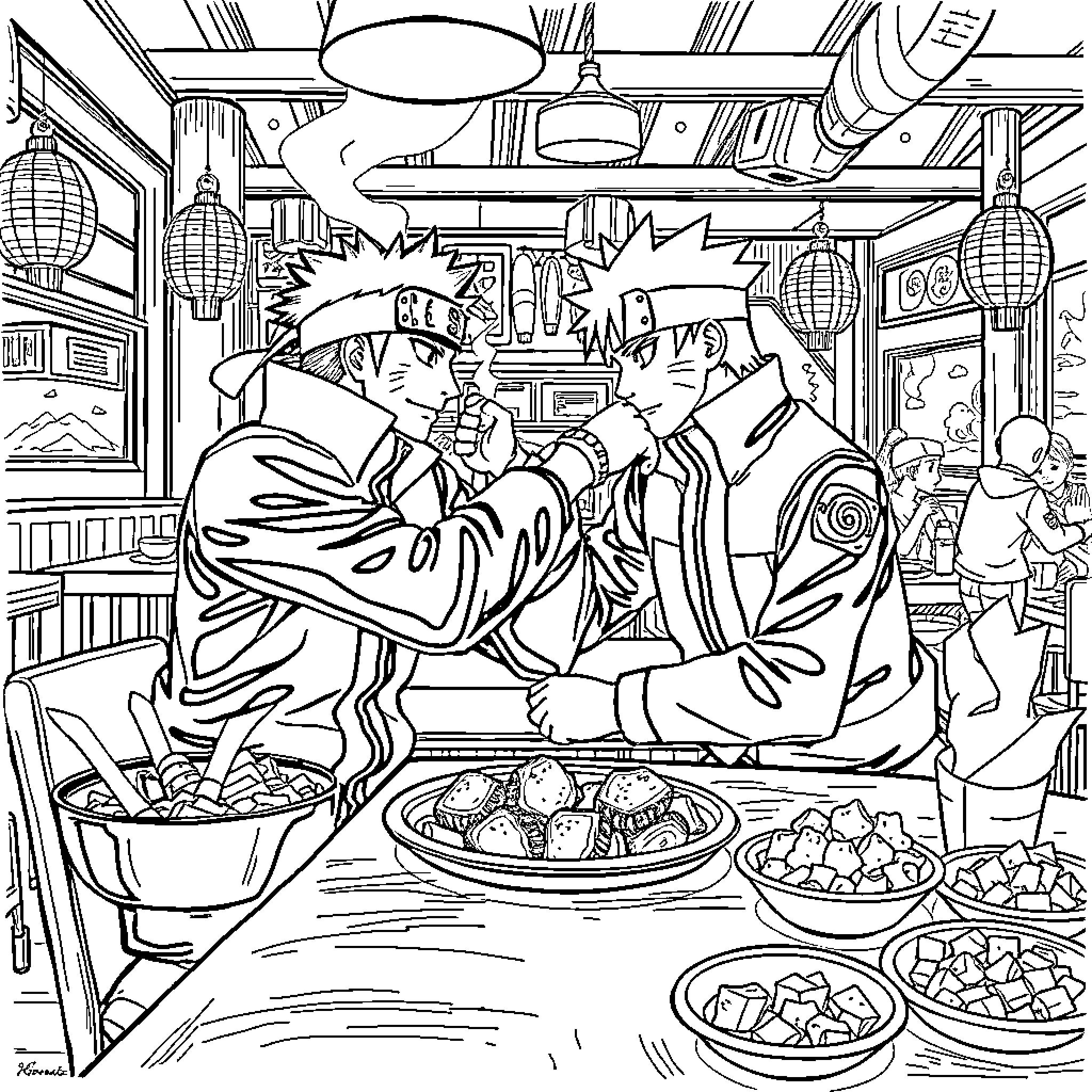 Naruto and Friends Enjoying a Lively Meal Coloring Page (free black-and-white line drawing printable PDF for all, from beginners to advanced learners, including children, teens, adults, and seniors)