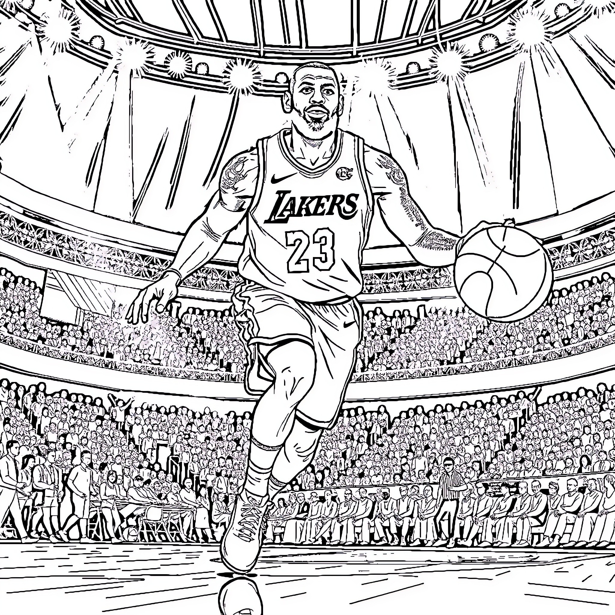 LeBron James dunking in a packed basketball arena Coloring Page (free black-and-white line drawing printable PDF for all, from beginners to advanced learners, including children, teens, adults, and seniors)