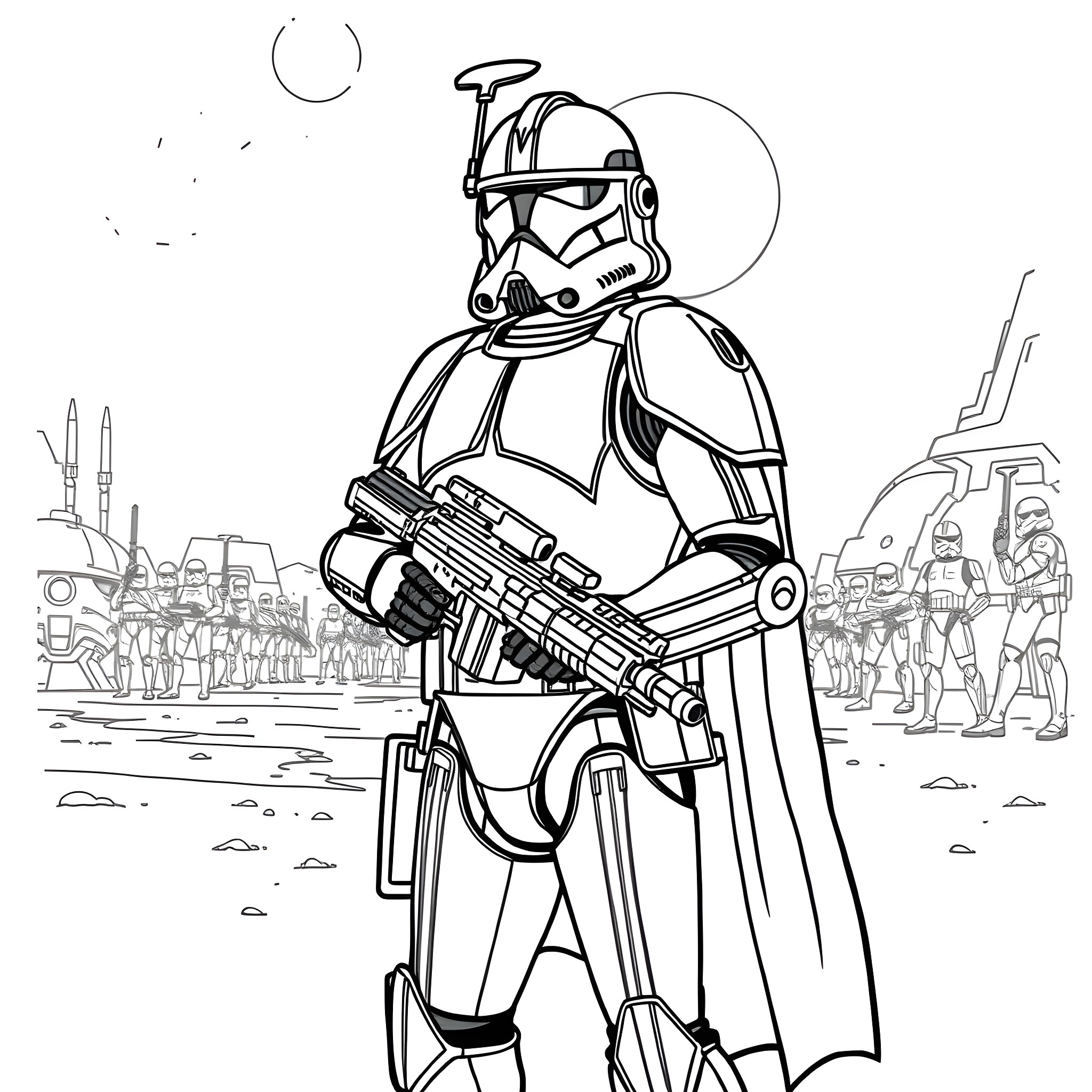 Clone Trooper leading the army on the battlefield Coloring Page (free black-and-white line drawing printable PDF for all, from beginners to advanced learners, including children, teens, adults, and seniors)