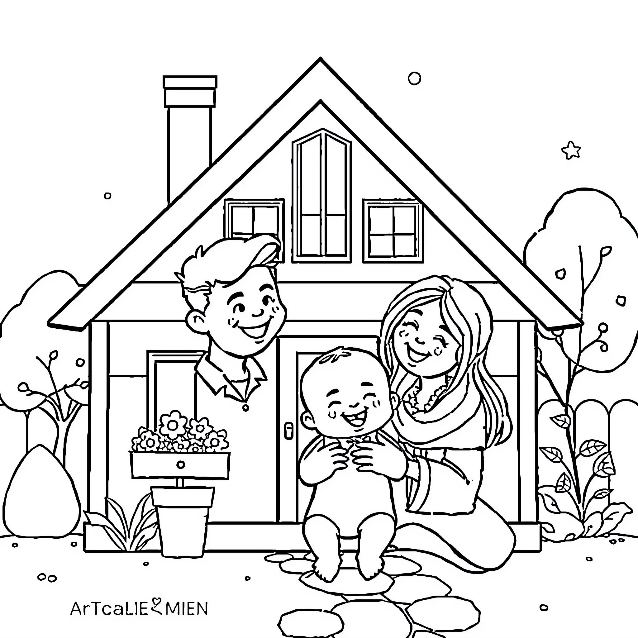 House with a happy family spending time together Coloring Page (free black-and-white line drawing printable PDF for all, from beginners to advanced learners, including children, teens, adults, and seniors)