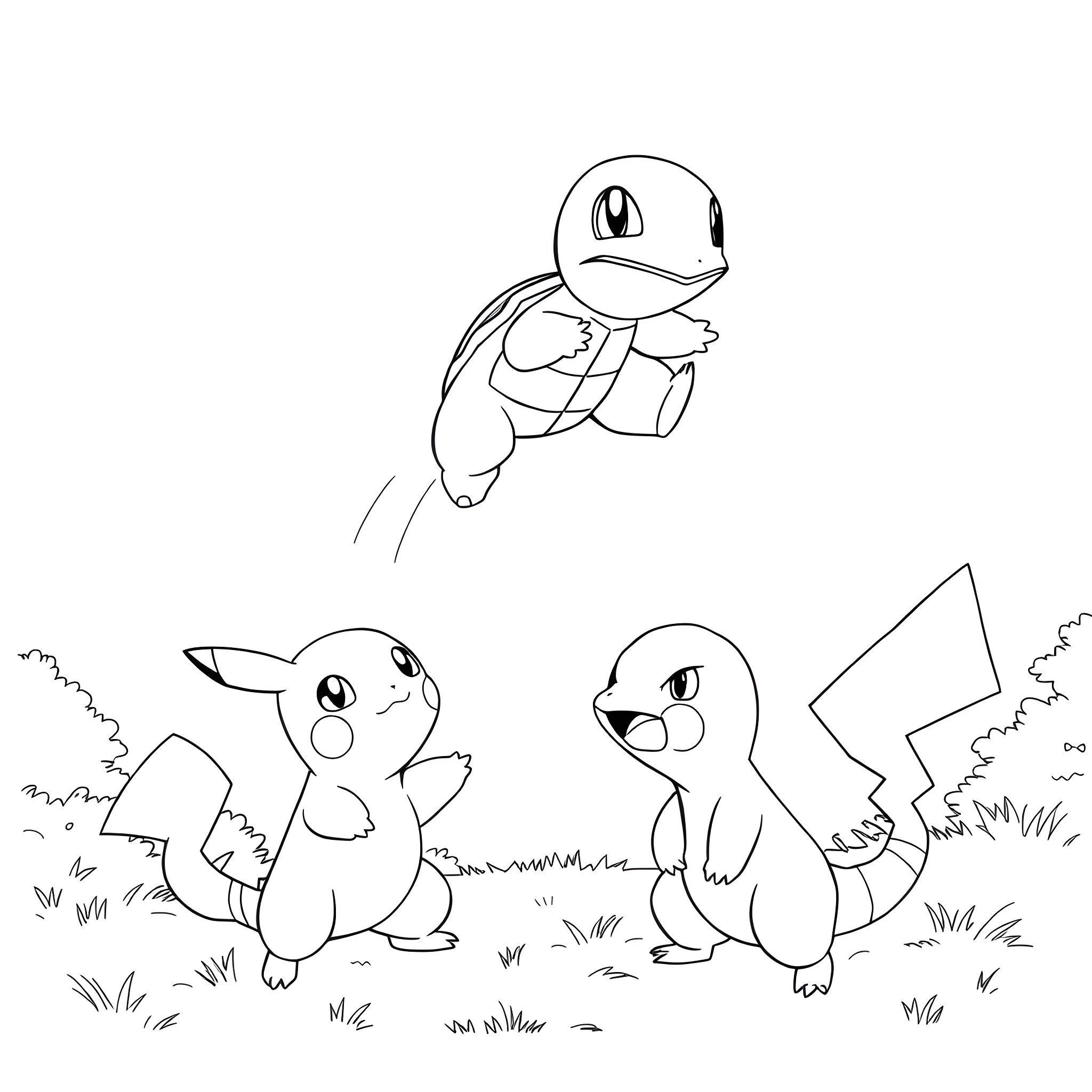 Squirtle exploring the outdoors with friends Coloring Page (free black-and-white line drawing printable PDF for all, from beginners to advanced learners, including children, teens, adults, and seniors)