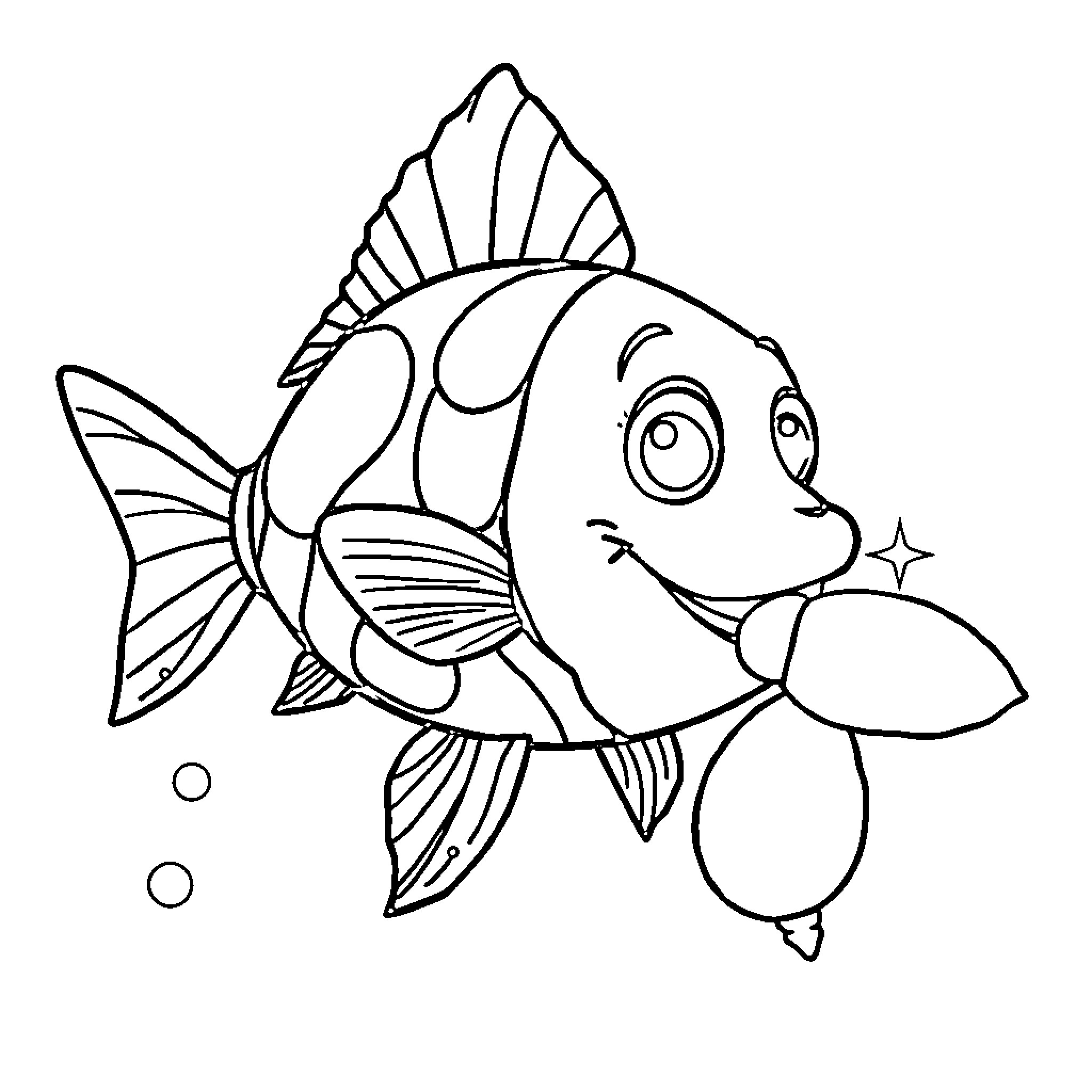 Fish with happy expression and bubbles Coloring Page (free black-and-white line drawing printable PDF for all, from beginners to advanced learners, including children, teens, adults, and seniors)