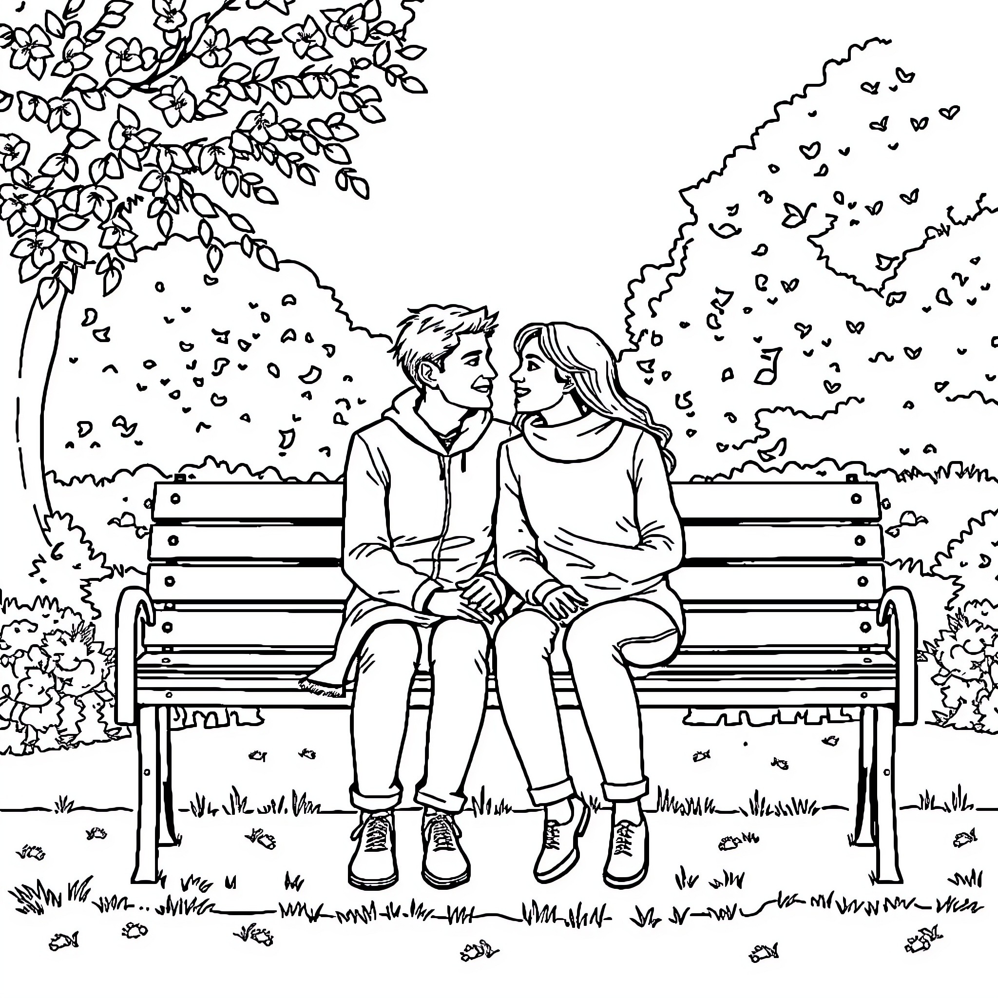 Couple enjoying a romantic moment in the park Coloring Page (free black-and-white line drawing printable PDF for all, from beginners to advanced learners, including children, teens, adults, and seniors)
