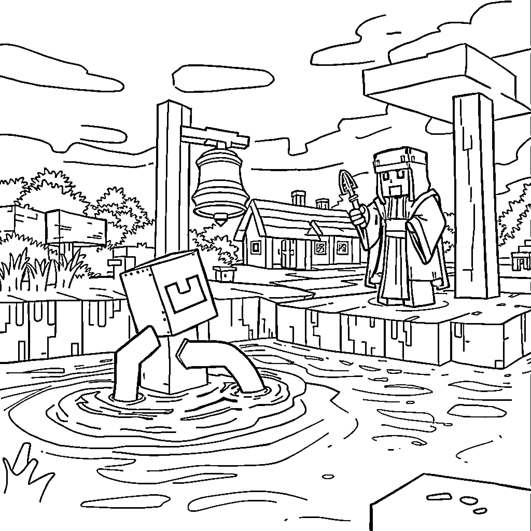 Enderman exploring surreal urban landscape Coloring Page (free black-and-white line drawing printable PDF for all, from beginners to advanced learners, including children, teens, adults, and seniors)