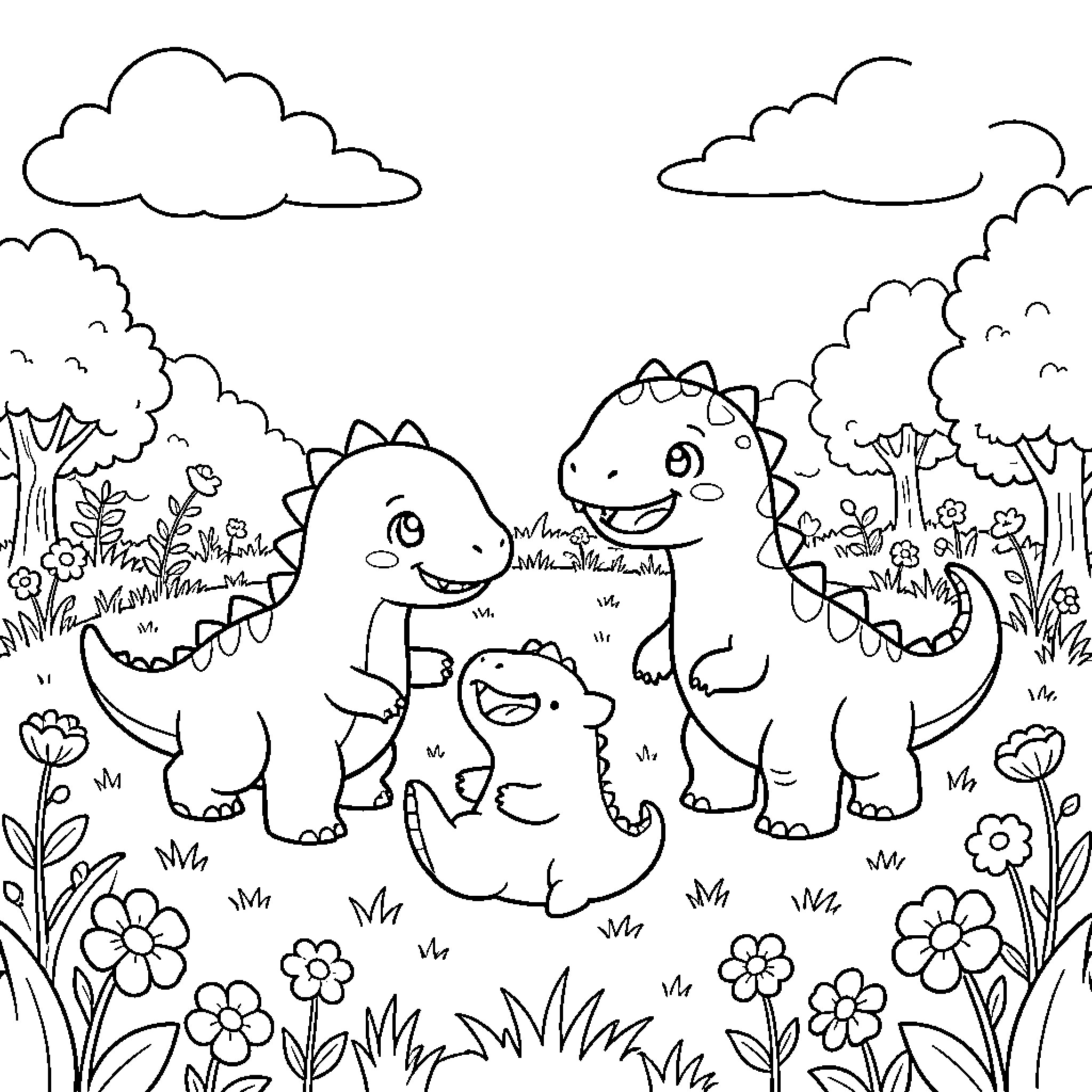 Baby Dinosaur friends playing together in a meadow Coloring Page (free black-and-white line drawing printable PDF for all, from beginners to advanced learners, including children, teens, adults, and seniors)