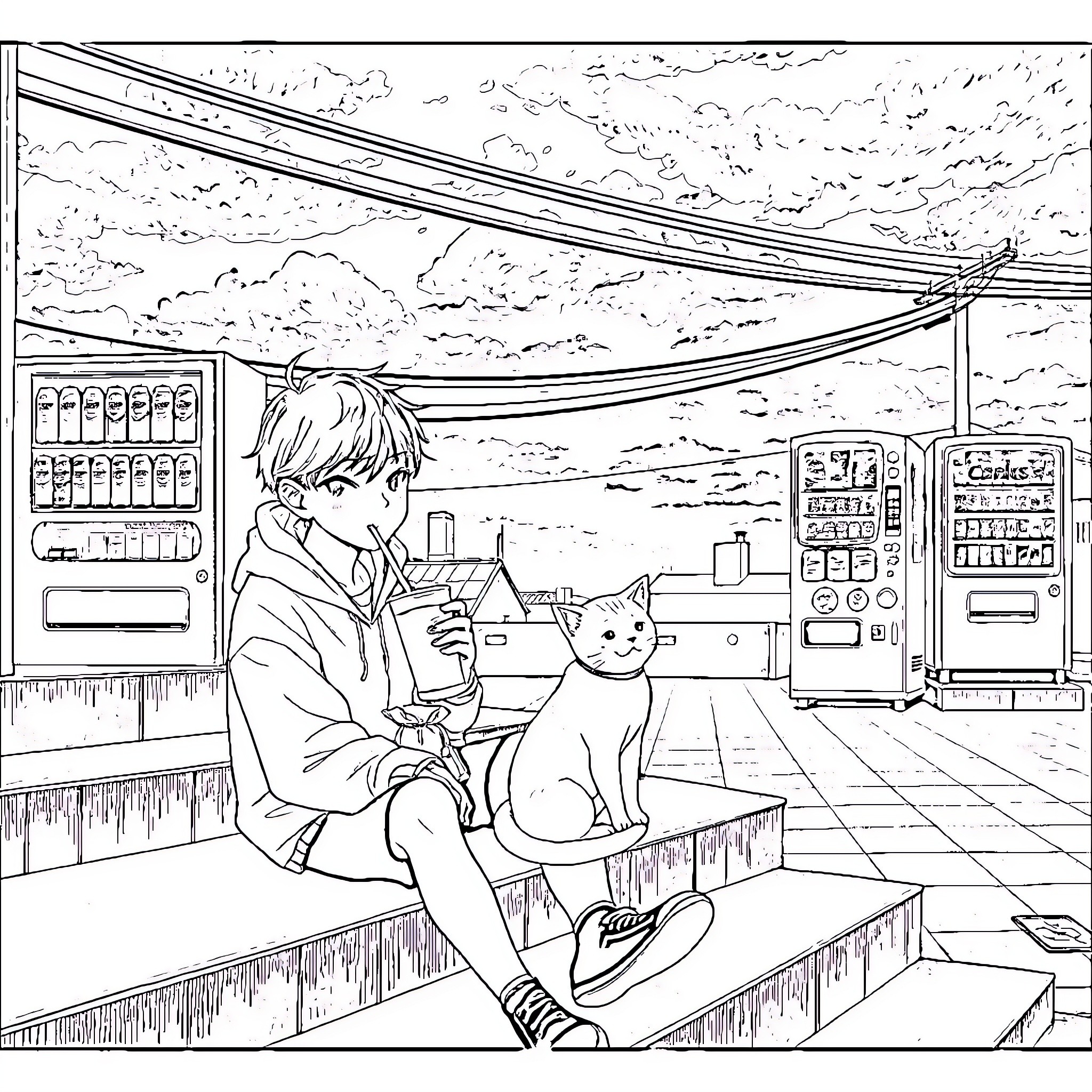 Boy enjoying snack with pet cat in convenience store Coloring Page (free black-and-white line drawing printable PDF for all, from beginners to advanced learners, including children, teens, adults, and seniors)