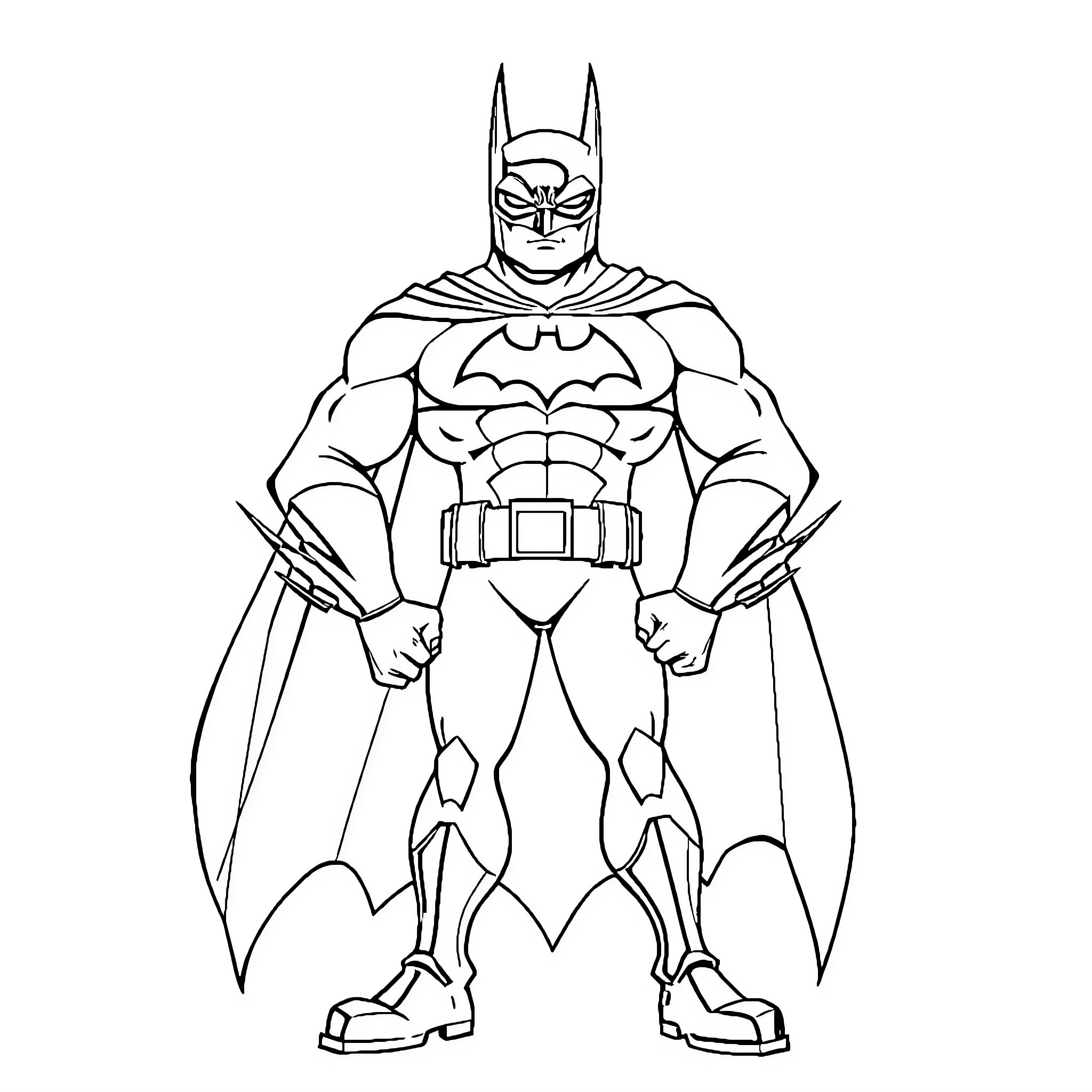 Batman in action pose with costume Coloring Page (free black-and-white line drawing printable PDF for all, from beginners to advanced learners, including children, teens, adults, and seniors)