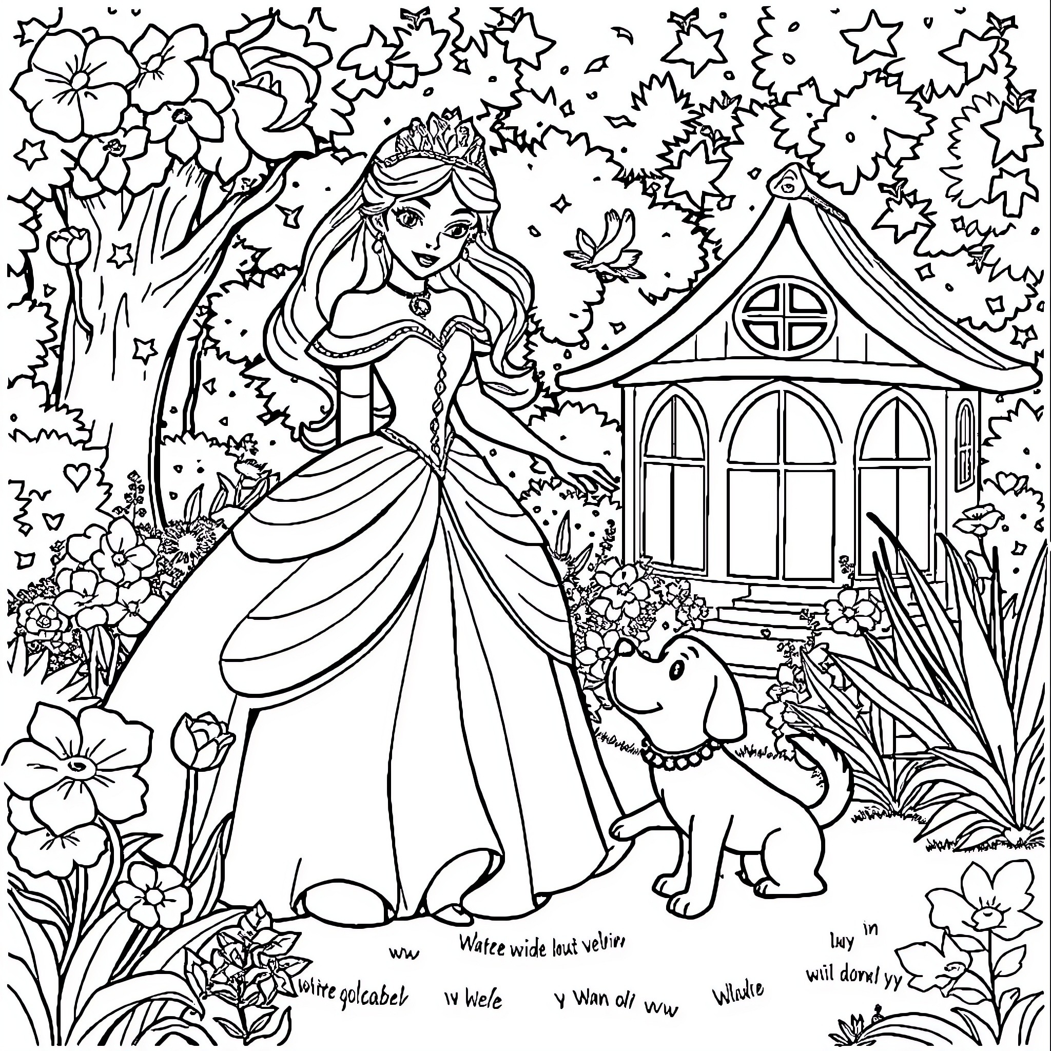 Princess in a Whimsical Garden Scene Coloring Page (free black-and-white line drawing printable PDF for all, from beginners to advanced learners, including children, teens, adults, and seniors)