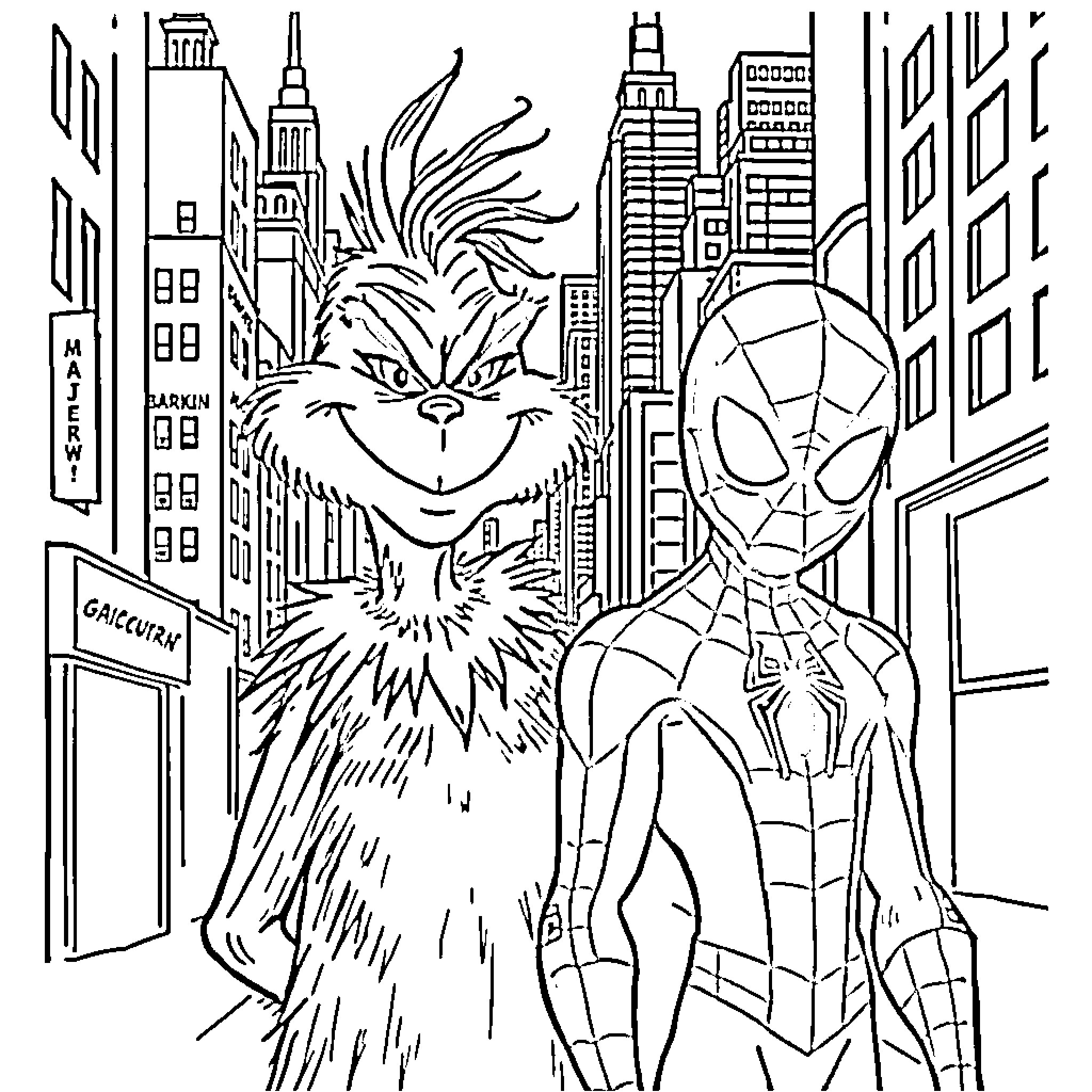 Grinch and Spiderman exploring the city Coloring Page (free black-and-white line drawing printable PDF for all, from beginners to advanced learners, including children, teens, adults, and seniors)
