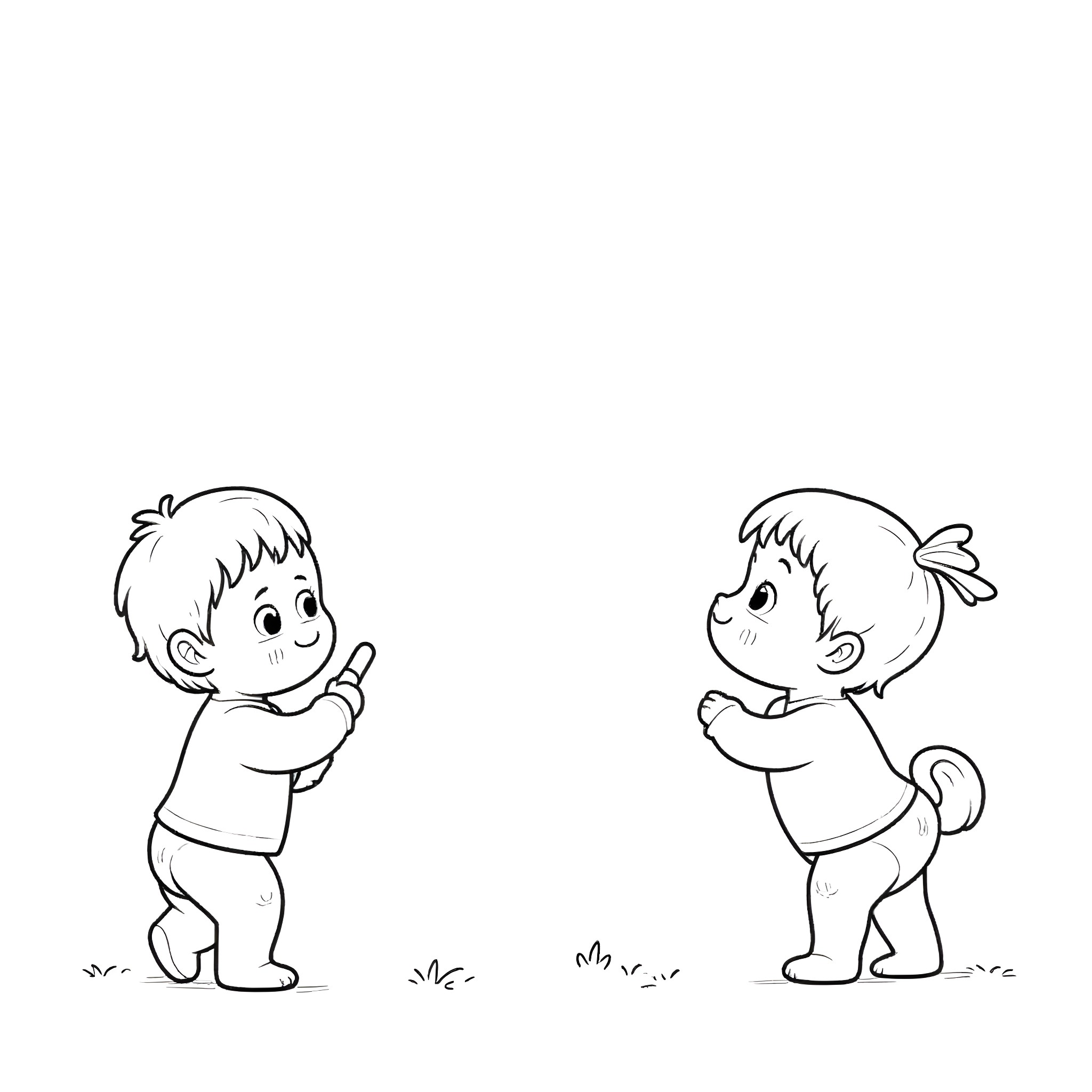Baby siblings playing happily together Coloring Page (free black-and-white line drawing printable PDF for all, from beginners to advanced learners, including children, teens, adults, and seniors)