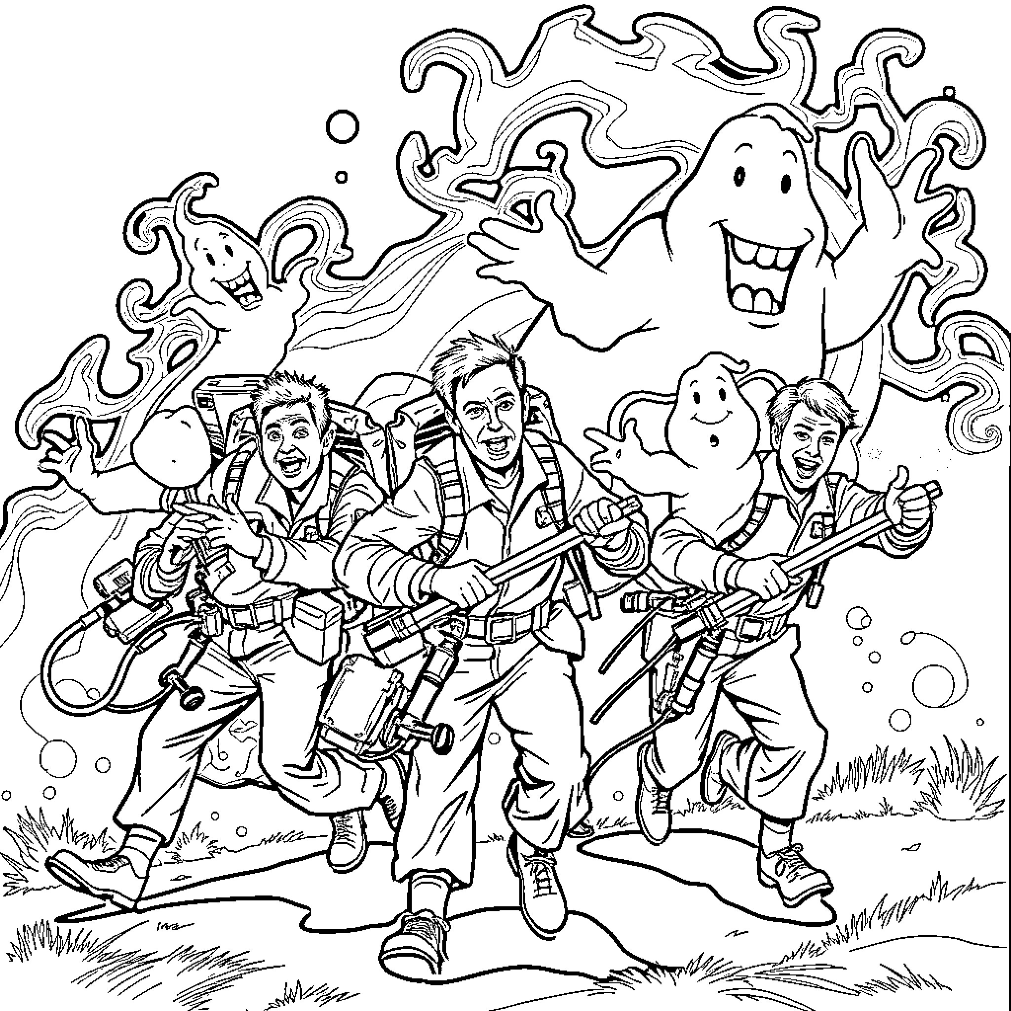 Ghostbusters in action, battling supernatural forces Coloring Page (free black-and-white line drawing printable PDF for all, from beginners to advanced learners, including children, teens, adults, and seniors)