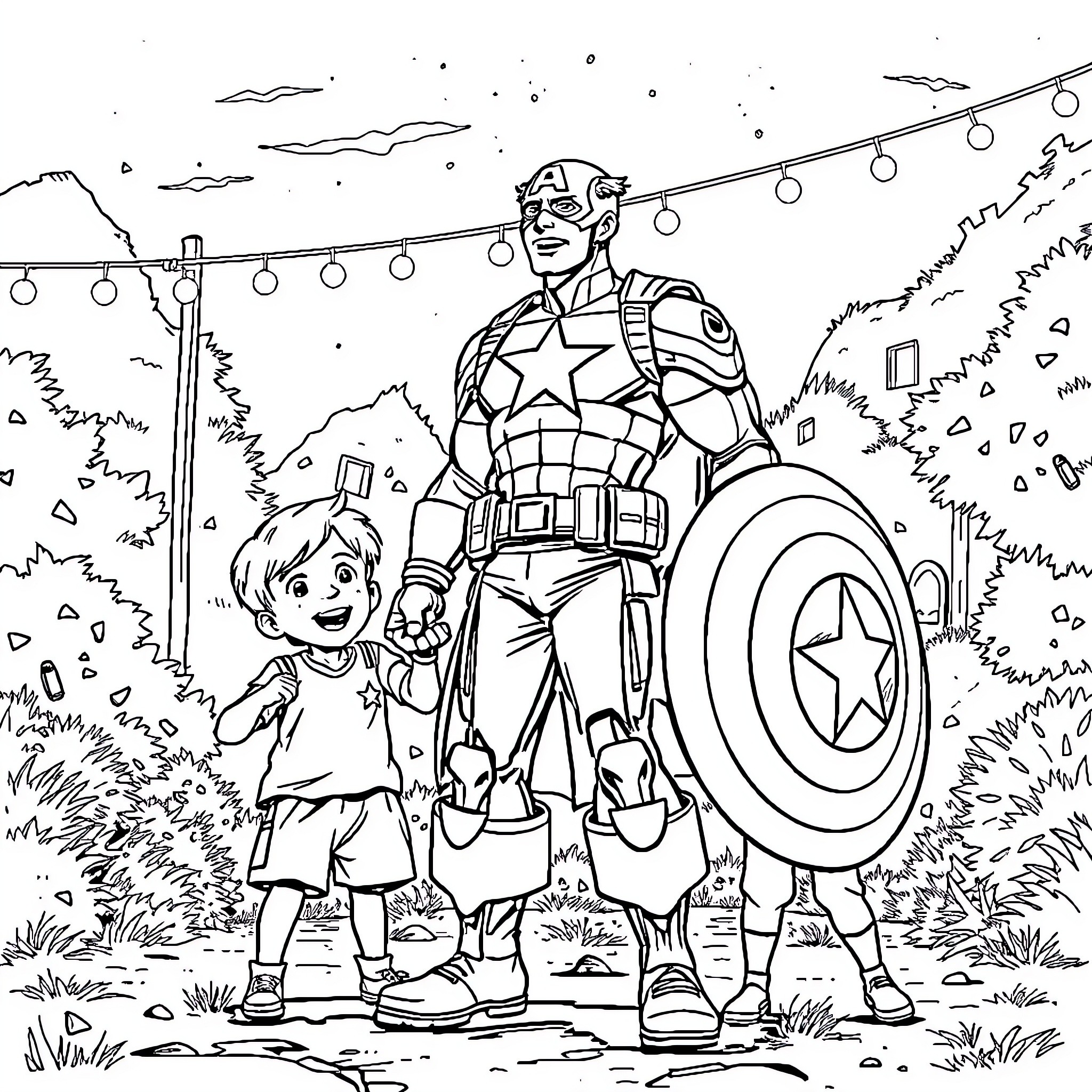 Captain America and Young Companion in Outdoor Adventure Coloring Page (free black-and-white line drawing printable PDF for all, from beginners to advanced learners, including children, teens, adults, and seniors)