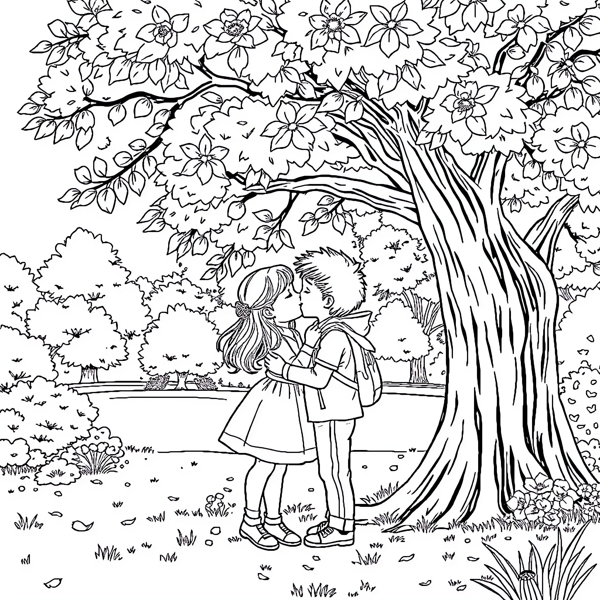Kiss under the blossoming tree Coloring Page (free black-and-white line drawing printable PDF for all, from beginners to advanced learners, including children, teens, adults, and seniors)