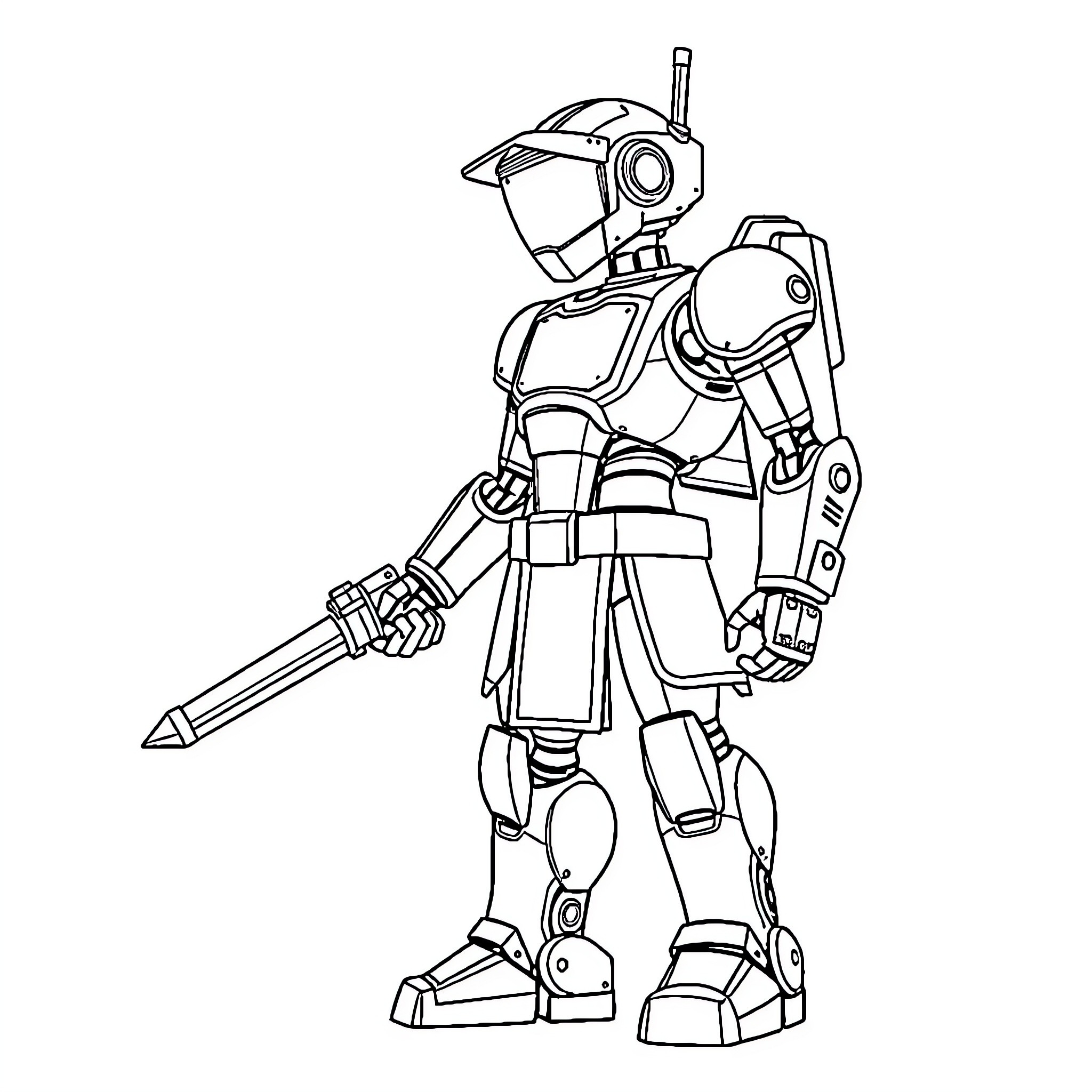 Robot Warrior with Futuristic Armament Coloring Page (free black-and-white line drawing printable PDF for all, from beginners to advanced learners, including children, teens, adults, and seniors)