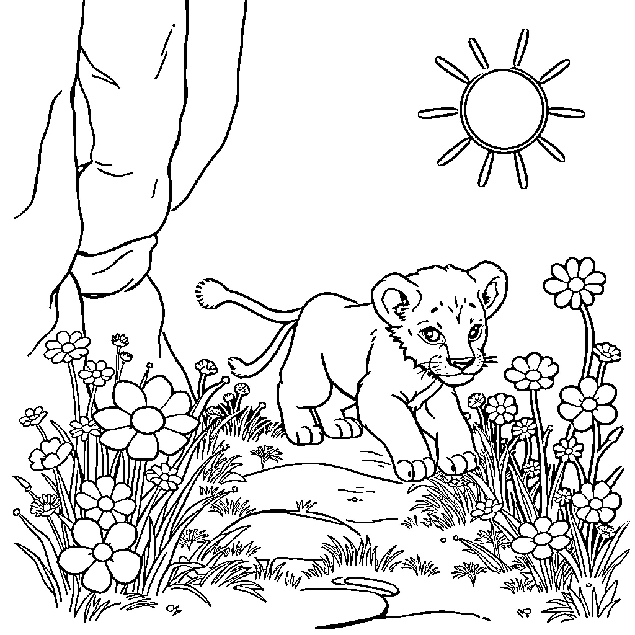Lion Cub Exploring Lush Floral Meadow Coloring Page (free black-and-white line drawing printable PDF for all, from beginners to advanced learners, including children, teens, adults, and seniors)