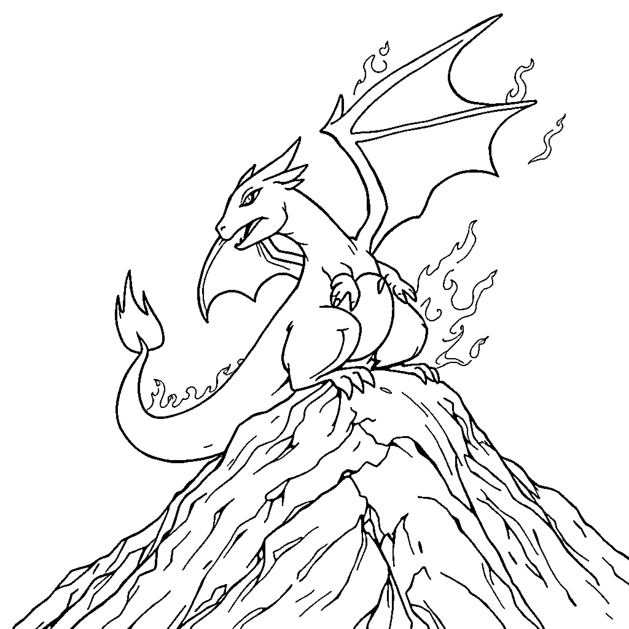 Charizard soaring over rocky mountain terrain Coloring Page (free black-and-white line drawing printable PDF for all, from beginners to advanced learners, including children, teens, adults, and seniors)