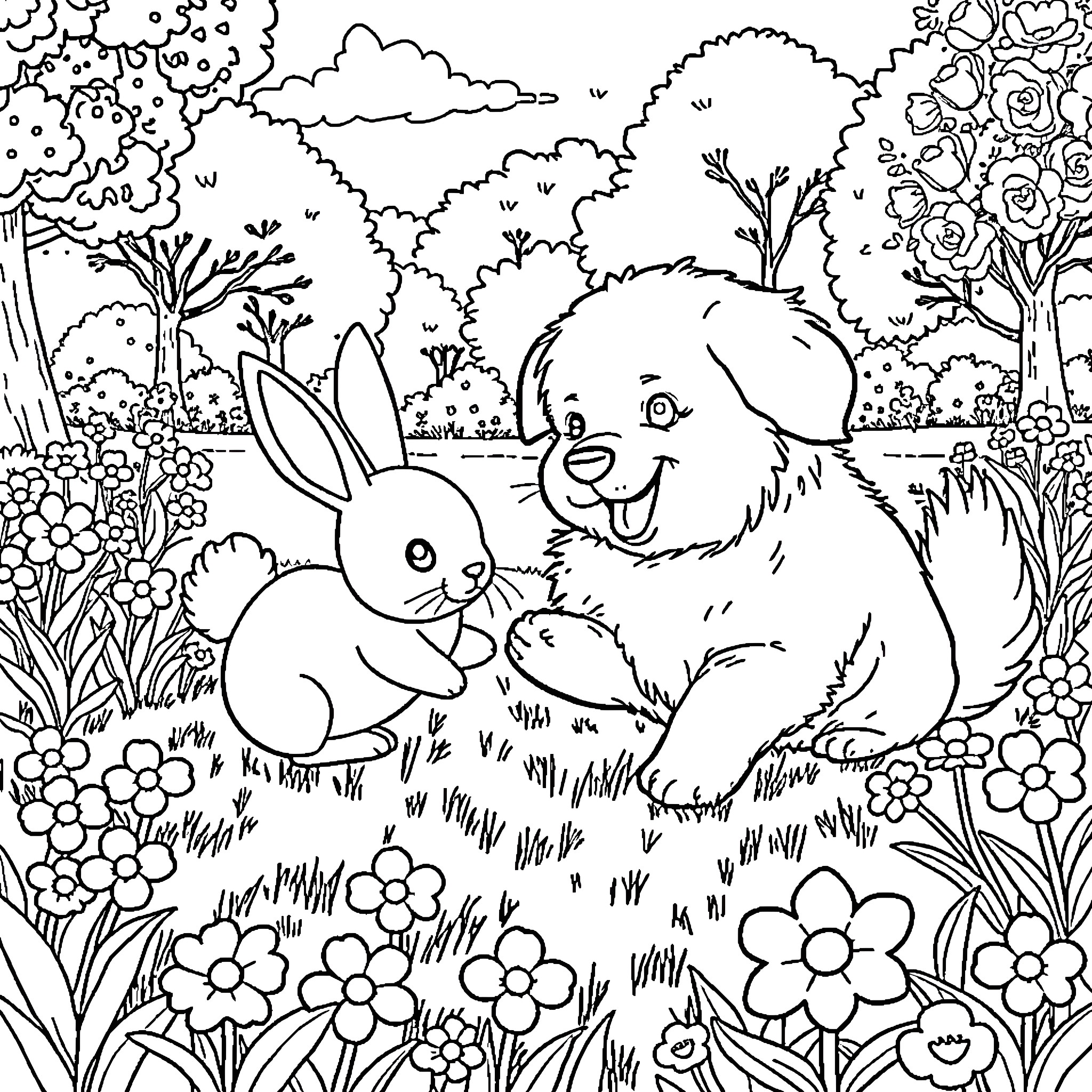 Pompompurin and Bunny's Playful Adventure in the Flowery Meadow Coloring Page (free black-and-white line drawing printable PDF for all, from beginners to advanced learners, including children, teens, adults, and seniors)