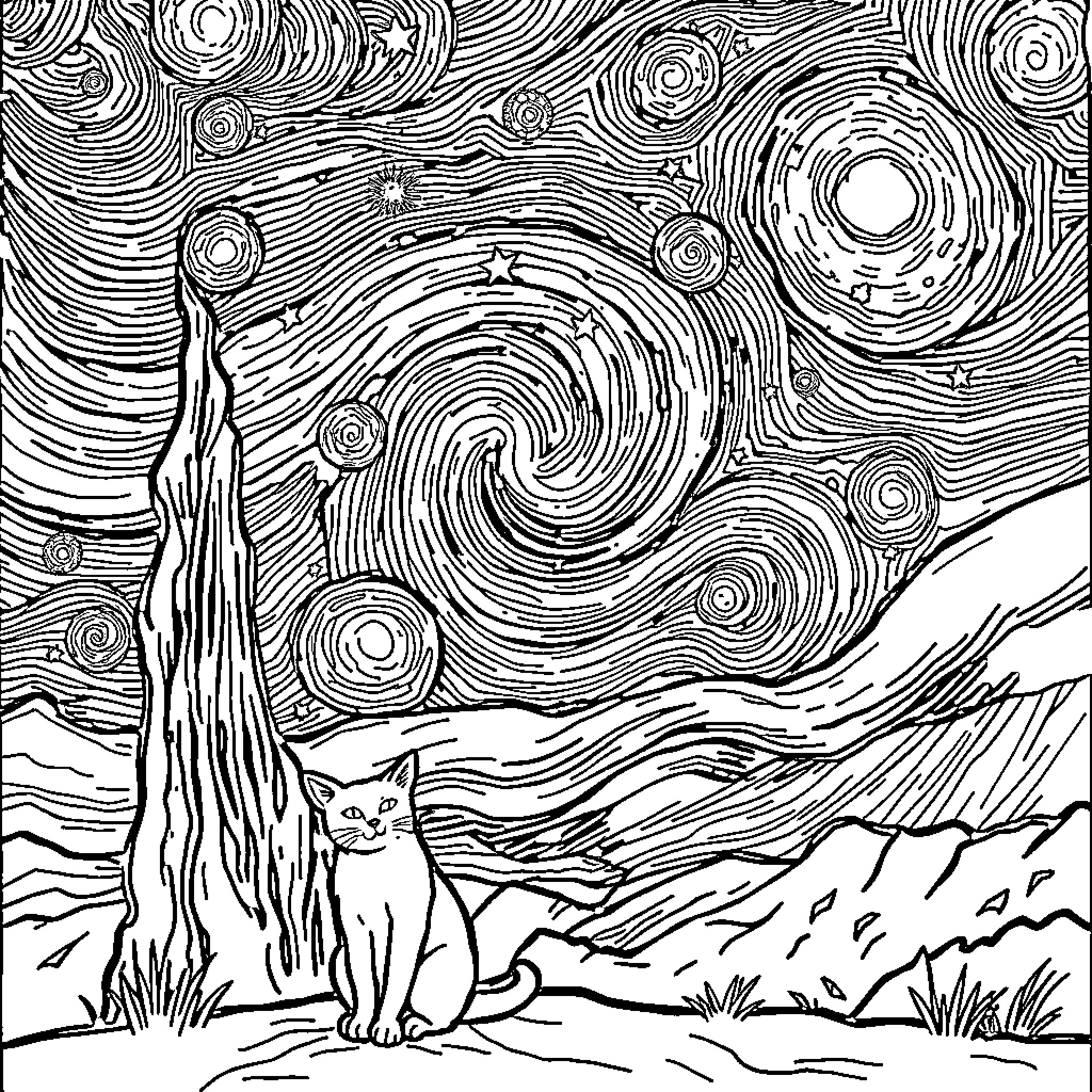 Cat Gazing at Starry Night Landscape Coloring Page (free black-and-white line drawing printable PDF for all, from beginners to advanced learners, including children, teens, adults, and seniors)